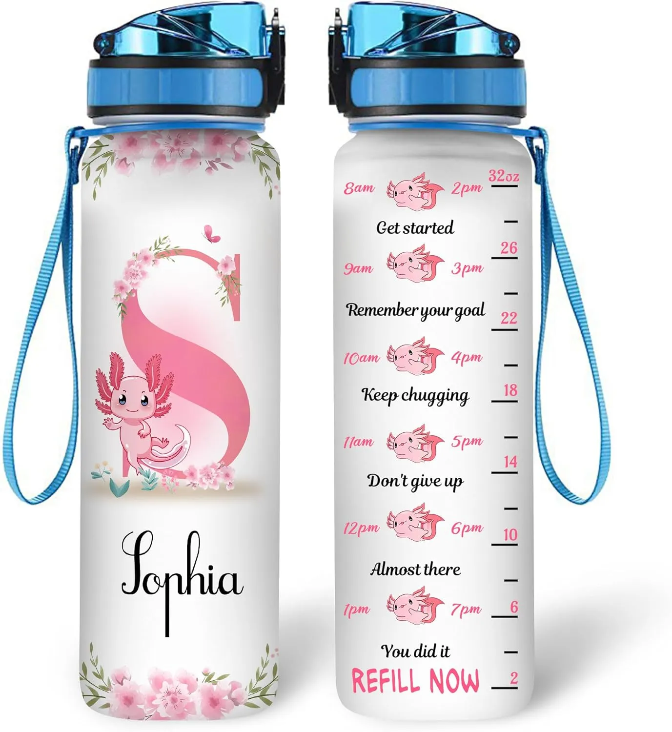 Hyturtle Personalized Axolotl Lovers 32Oz Liter Motivational Water Bottle, Axolotls Customized Name Water Bottle With Time Marker Gifts For Women Girl On Birthday, Mother Day's