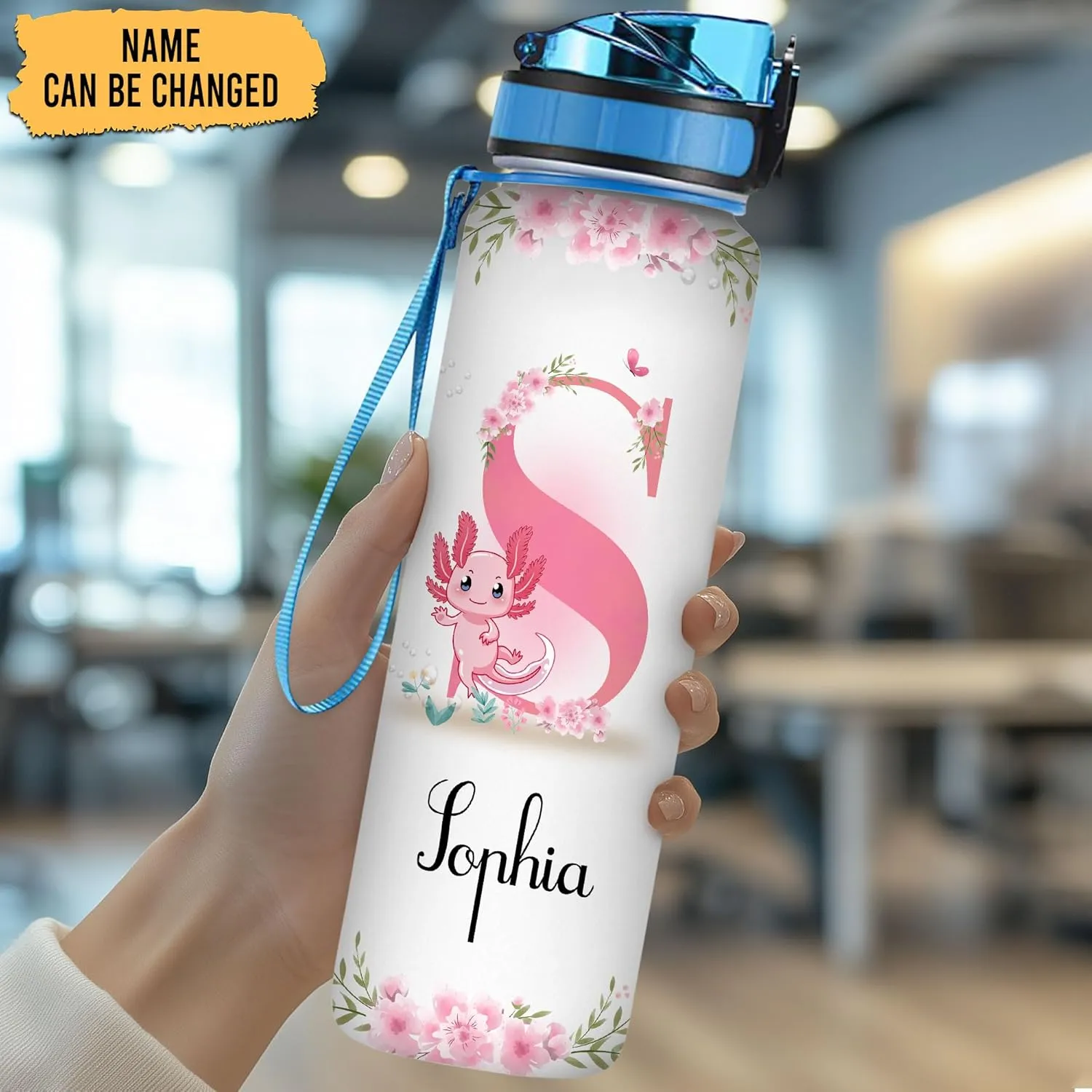 Hyturtle Personalized Axolotl Lovers 32Oz Liter Motivational Water Bottle, Axolotls Customized Name Water Bottle With Time Marker Gifts For Women Girl On Birthday, Mother Day's