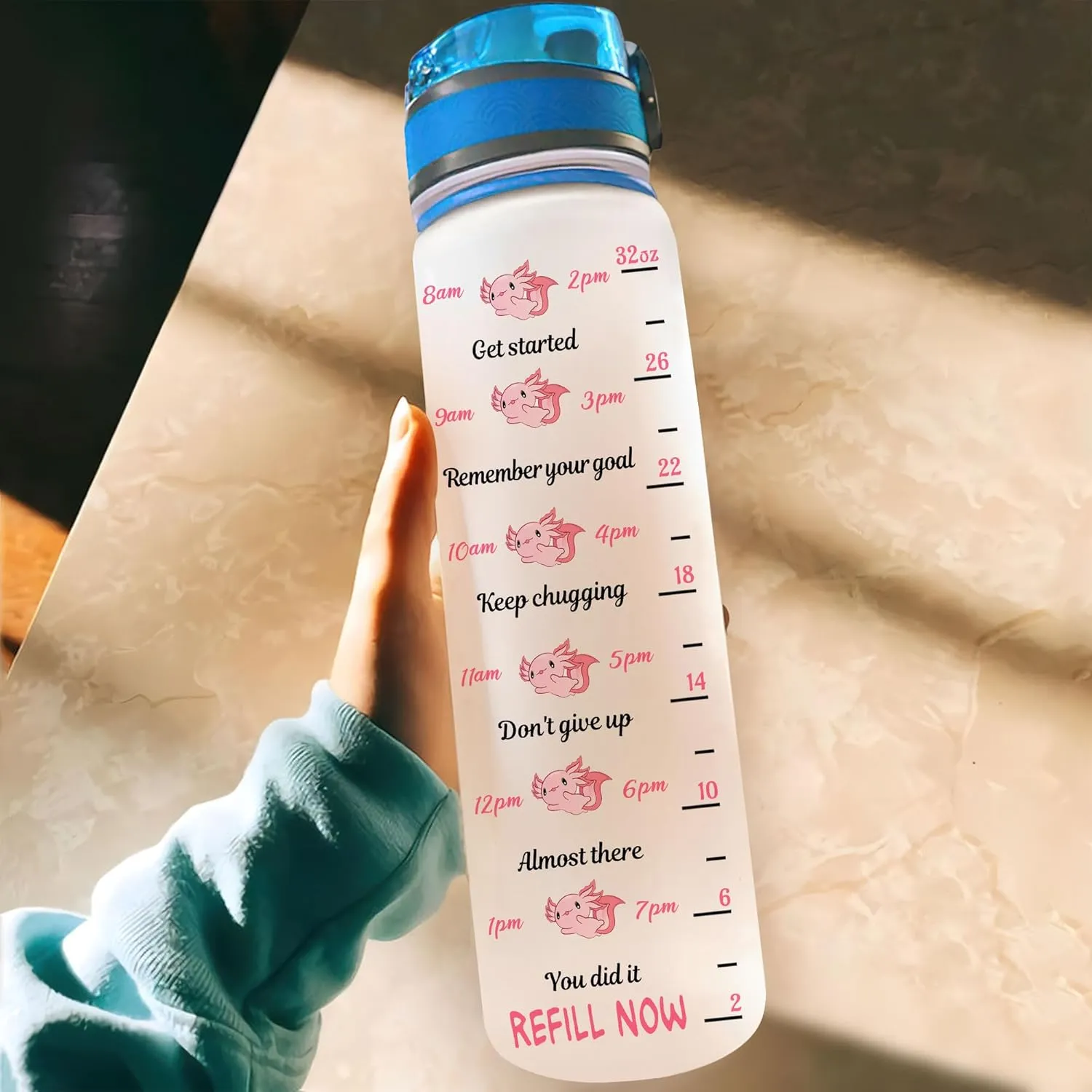 Hyturtle Personalized Axolotl Lovers 32Oz Liter Motivational Water Bottle, Axolotls Customized Name Water Bottle With Time Marker Gifts For Women Girl On Birthday, Mother Day's