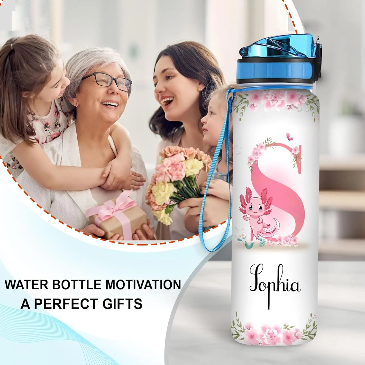 Hyturtle Personalized Axolotl Lovers 32Oz Liter Motivational Water Bottle, Axolotls Customized Name Water Bottle With Time Marker Gifts For Women Girl On Birthday, Mother Day's