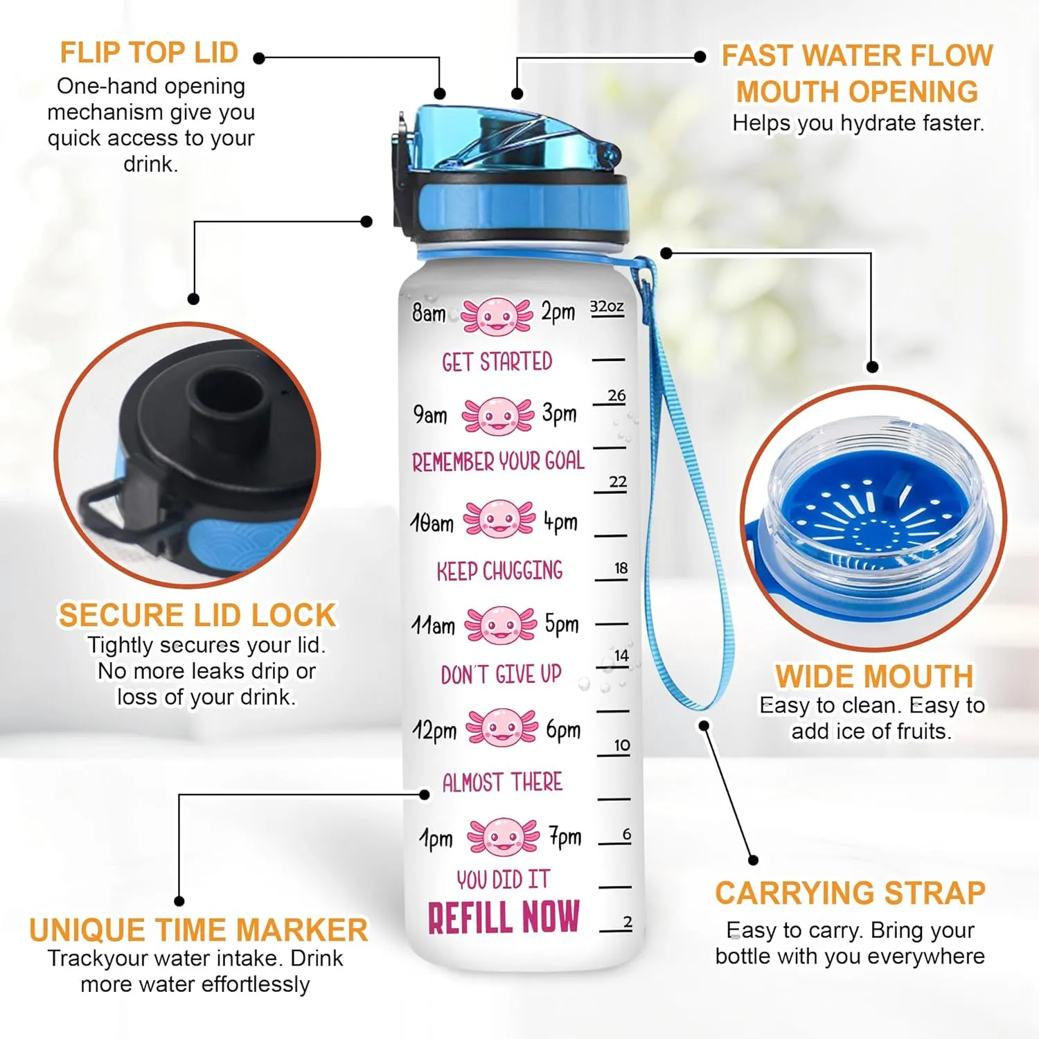 Hyturtle Personalized Axolotl Water Bottle - 32oz Motivational Water Bottle with Leak-Proof Lid & Time Marker - Custom Name Gift for Axolotl Lovers, Women, Girls, Boys - Birthday & Christmas Gift