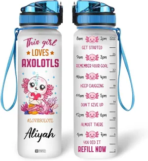 Hyturtle Personalized Axolotl Water Bottle - 32oz Motivational Water Bottle with Leak-Proof Lid & Time Marker - Custom Name Gift for Axolotl Lovers, Women, Girls, Boys - Birthday & Christmas Gift