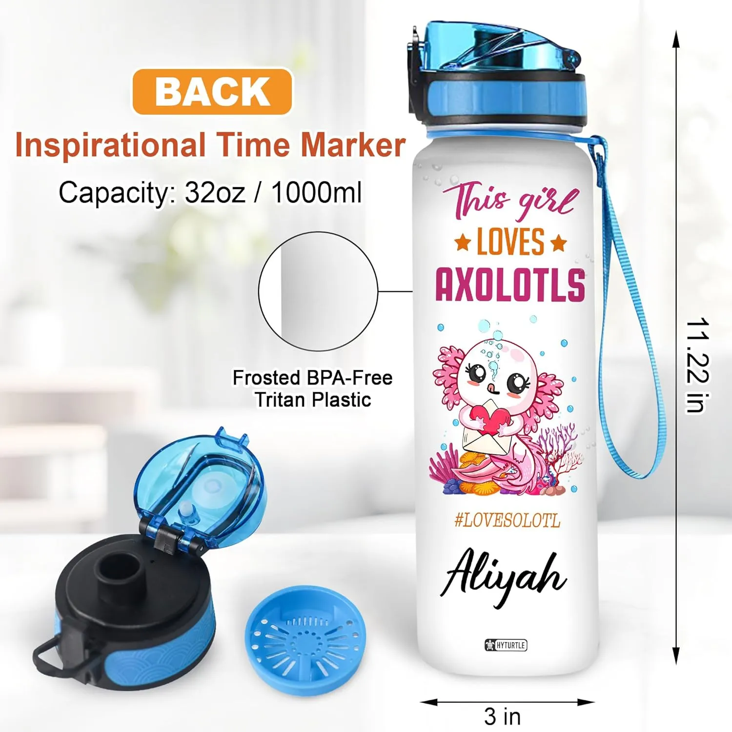 Hyturtle Personalized Axolotl Water Bottle - 32oz Motivational Water Bottle with Leak-Proof Lid & Time Marker - Custom Name Gift for Axolotl Lovers, Women, Girls, Boys - Birthday & Christmas Gift