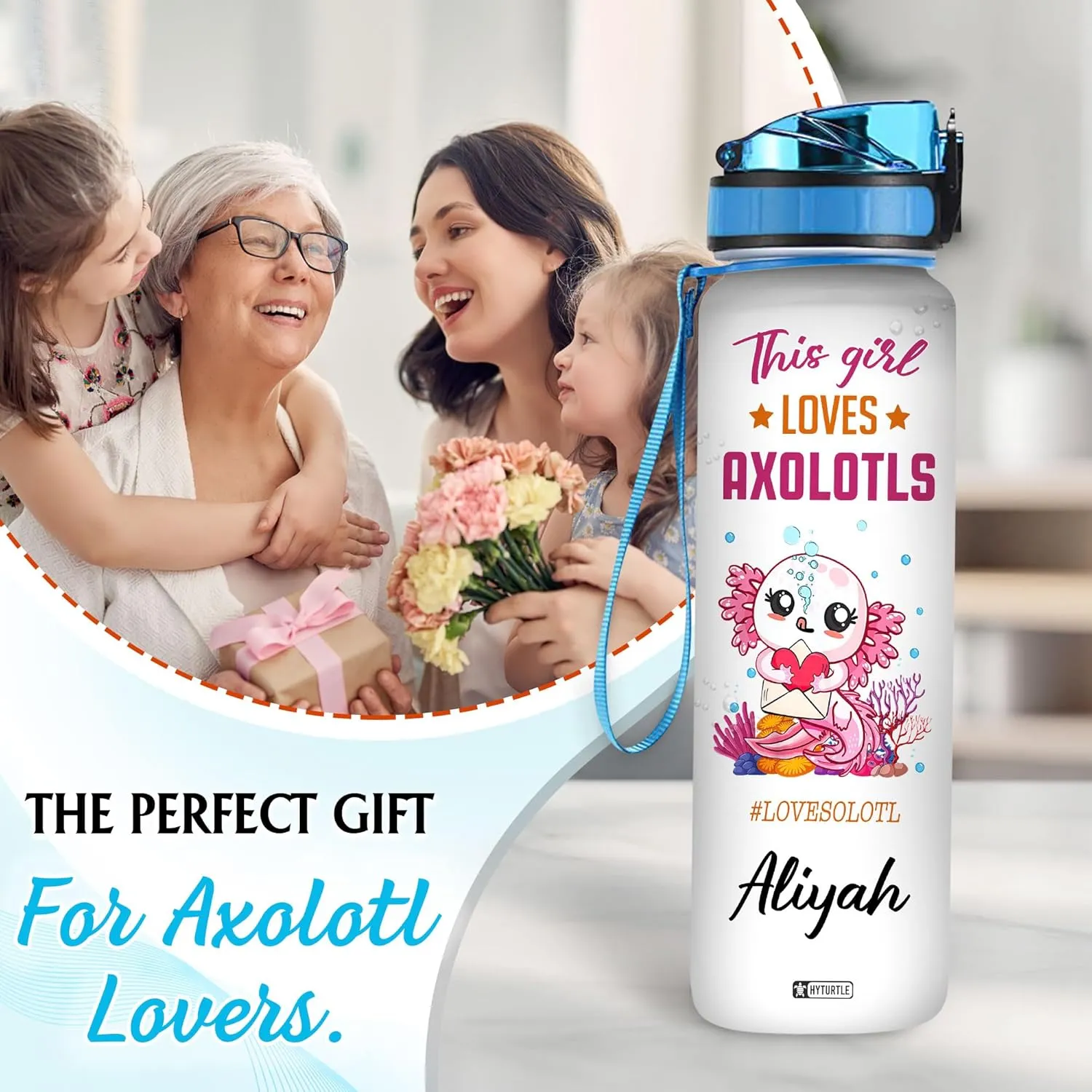 Hyturtle Personalized Axolotl Water Bottle - 32oz Motivational Water Bottle with Leak-Proof Lid & Time Marker - Custom Name Gift for Axolotl Lovers, Women, Girls, Boys - Birthday & Christmas Gift