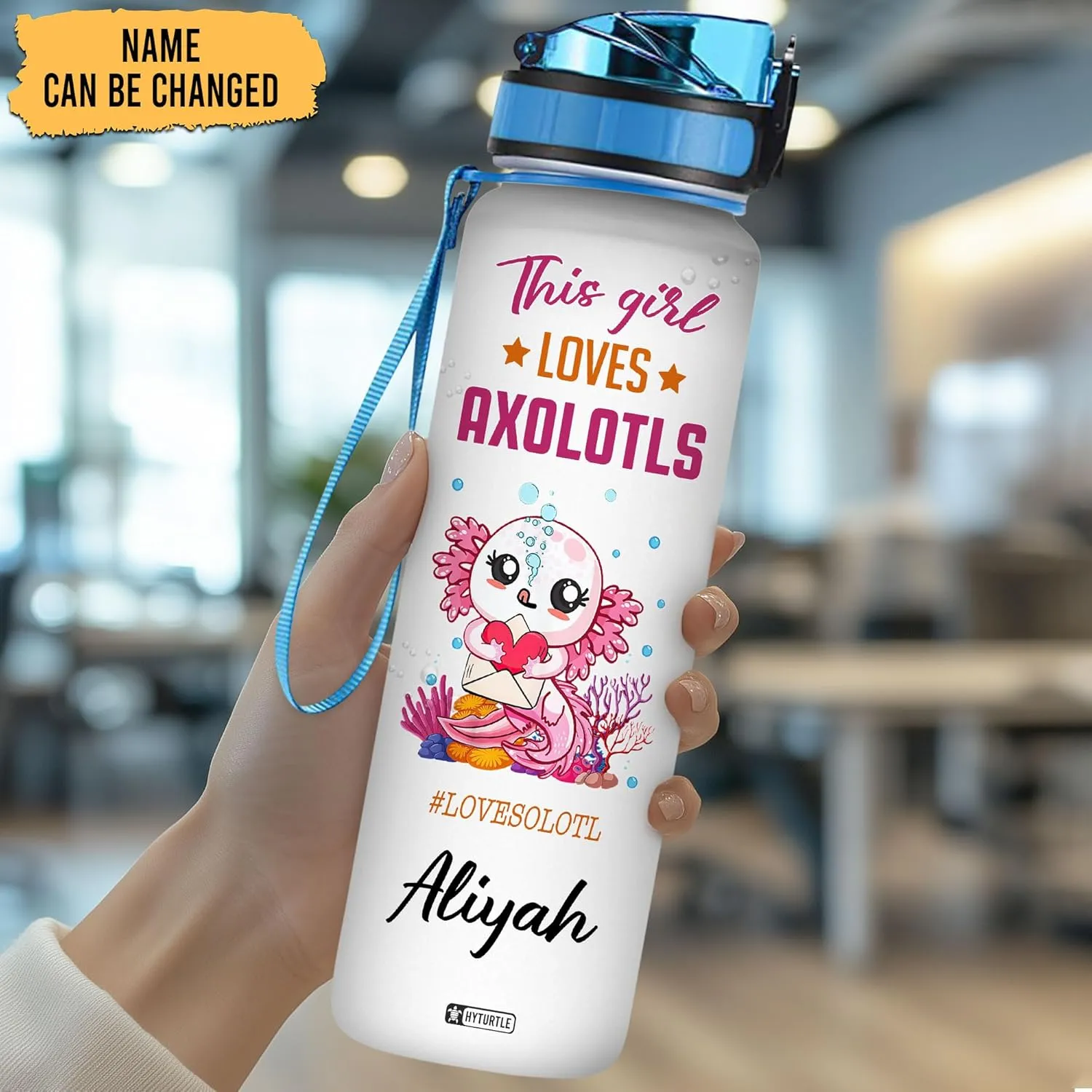 Hyturtle Personalized Axolotl Water Bottle - 32oz Motivational Water Bottle with Leak-Proof Lid & Time Marker - Custom Name Gift for Axolotl Lovers, Women, Girls, Boys - Birthday & Christmas Gift