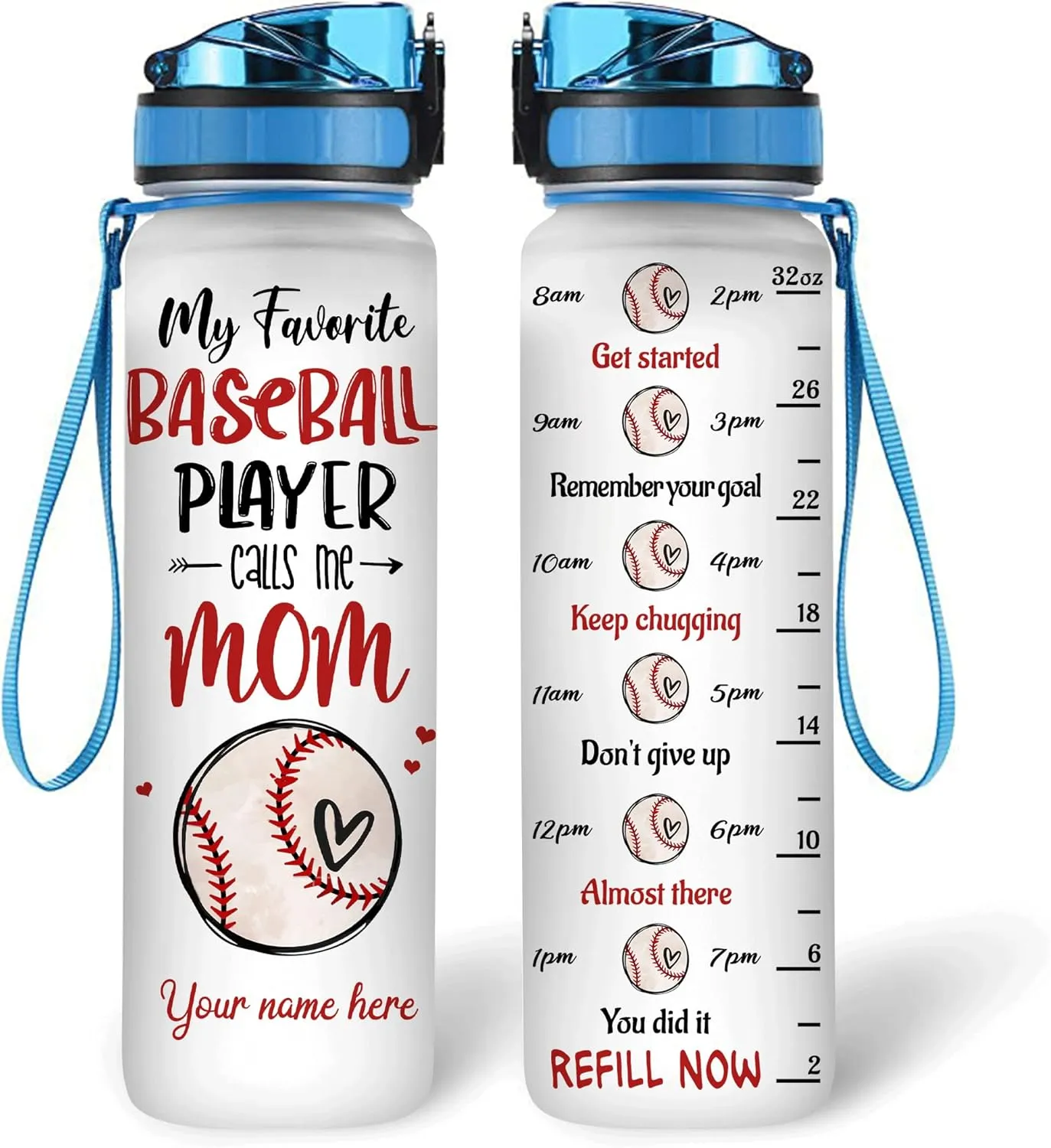 Hyturtle Personalized Baseball Mom 32Oz Liter Motivational Water Bottle, Customized Name With Time Marker, Gifts For Women Girls Boys Friends Baseball Fan Lovers On Birthday Anniversary Mother's Day