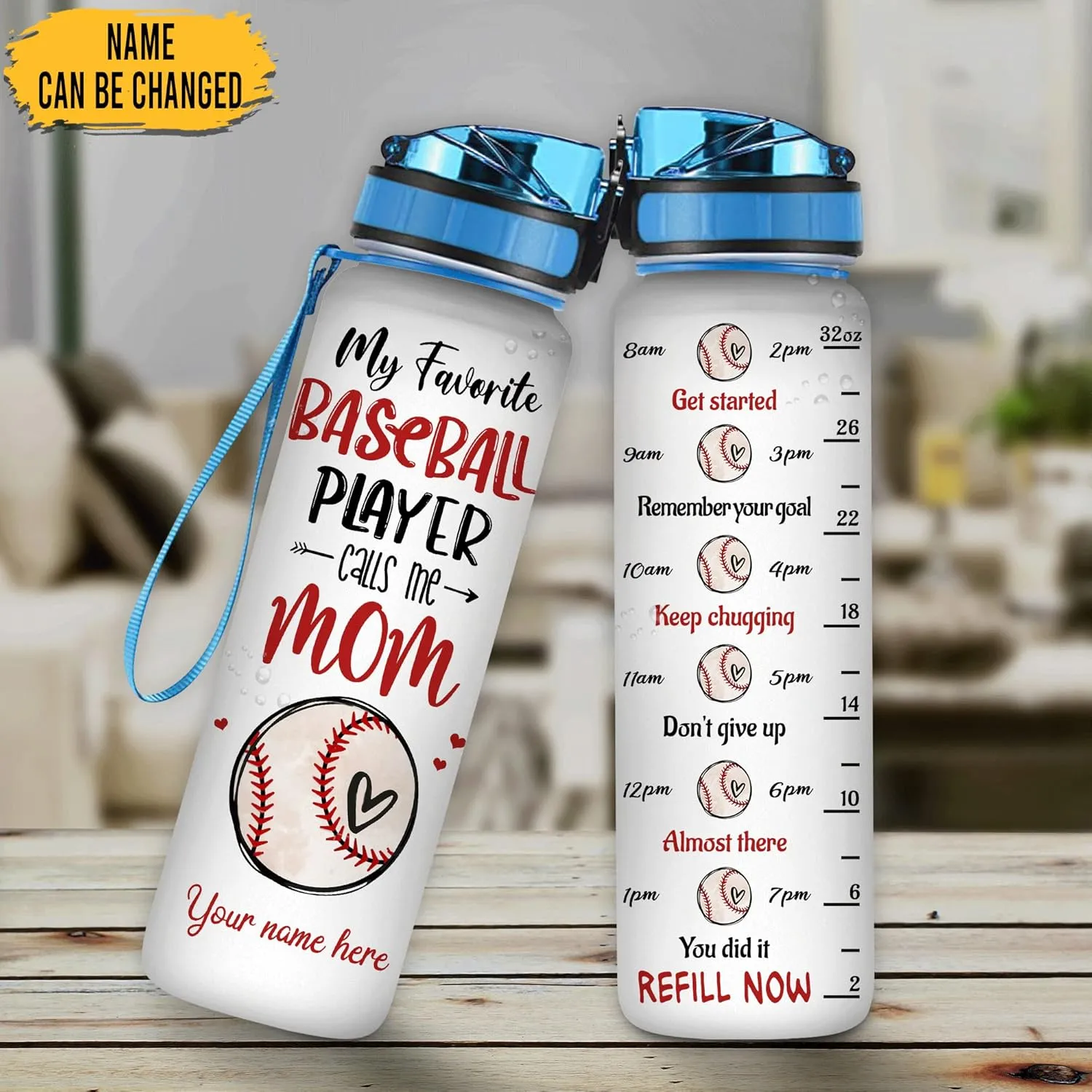 Hyturtle Personalized Baseball Mom 32Oz Liter Motivational Water Bottle, Customized Name With Time Marker, Gifts For Women Girls Boys Friends Baseball Fan Lovers On Birthday Anniversary Mother's Day
