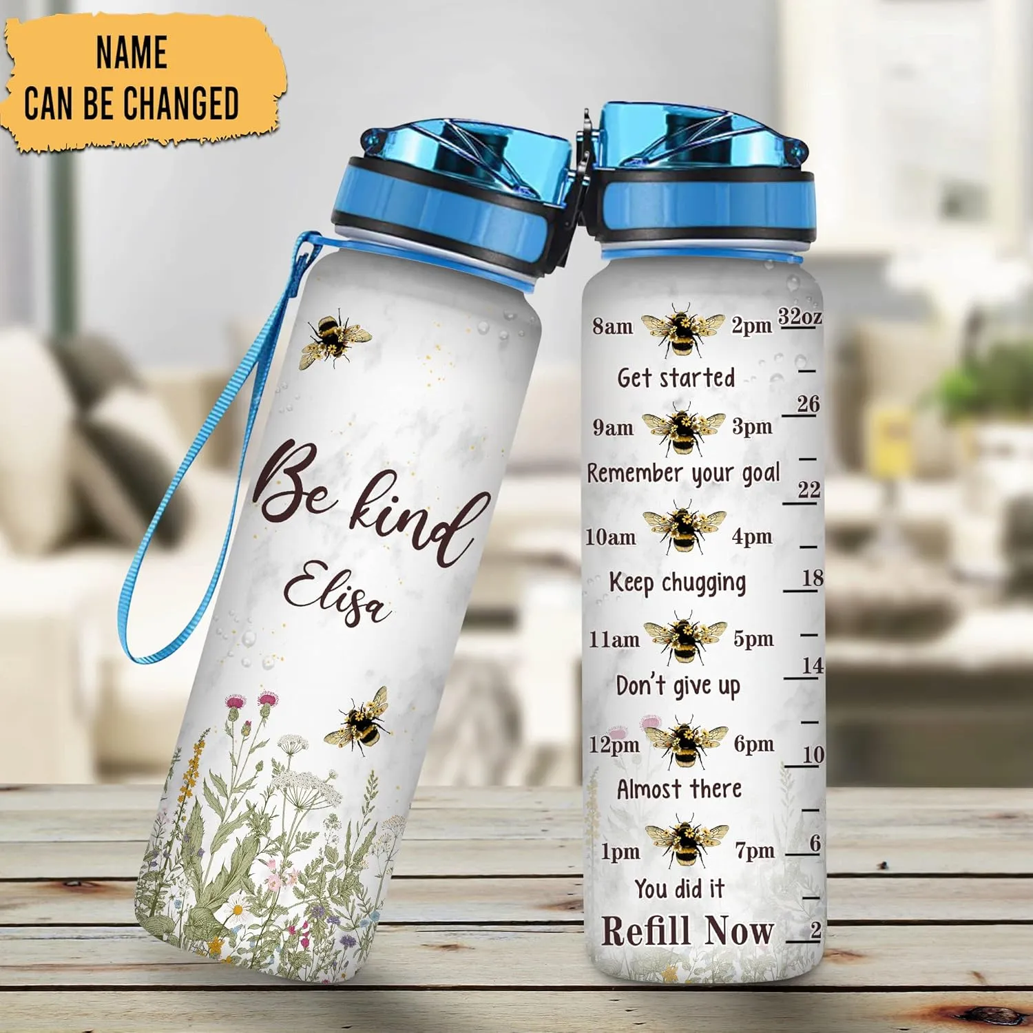 Hyturtle Personalized Bee Lovers 32 Oz 1Liter Motivational Water Bottle, Bee Kind Customized Name Water Bottle With Time Marker, Animal Lovers Gifts For Women Girl On Birthday, Mother Day's