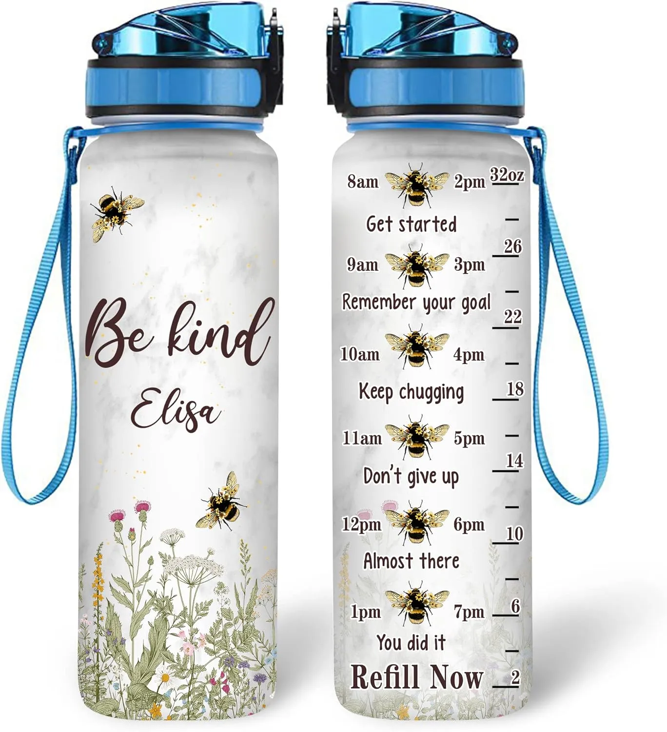 Hyturtle Personalized Bee Lovers 32 Oz 1Liter Motivational Water Bottle, Bee Kind Customized Name Water Bottle With Time Marker, Animal Lovers Gifts For Women Girl On Birthday, Mother Day's