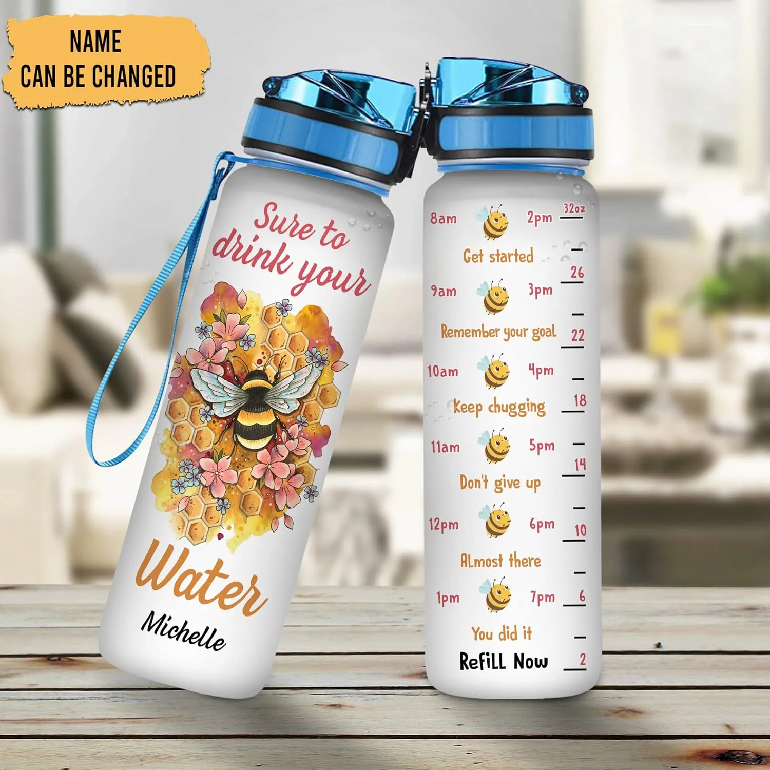 Hyturtle Personalized Bee Lovers 32 Oz 1Liter Motivational Water Bottle, Sure To Drink Your Water Customized Name Water Bottle With Time Marker, Animal Lovers Gifts For Women Girl On Birthday