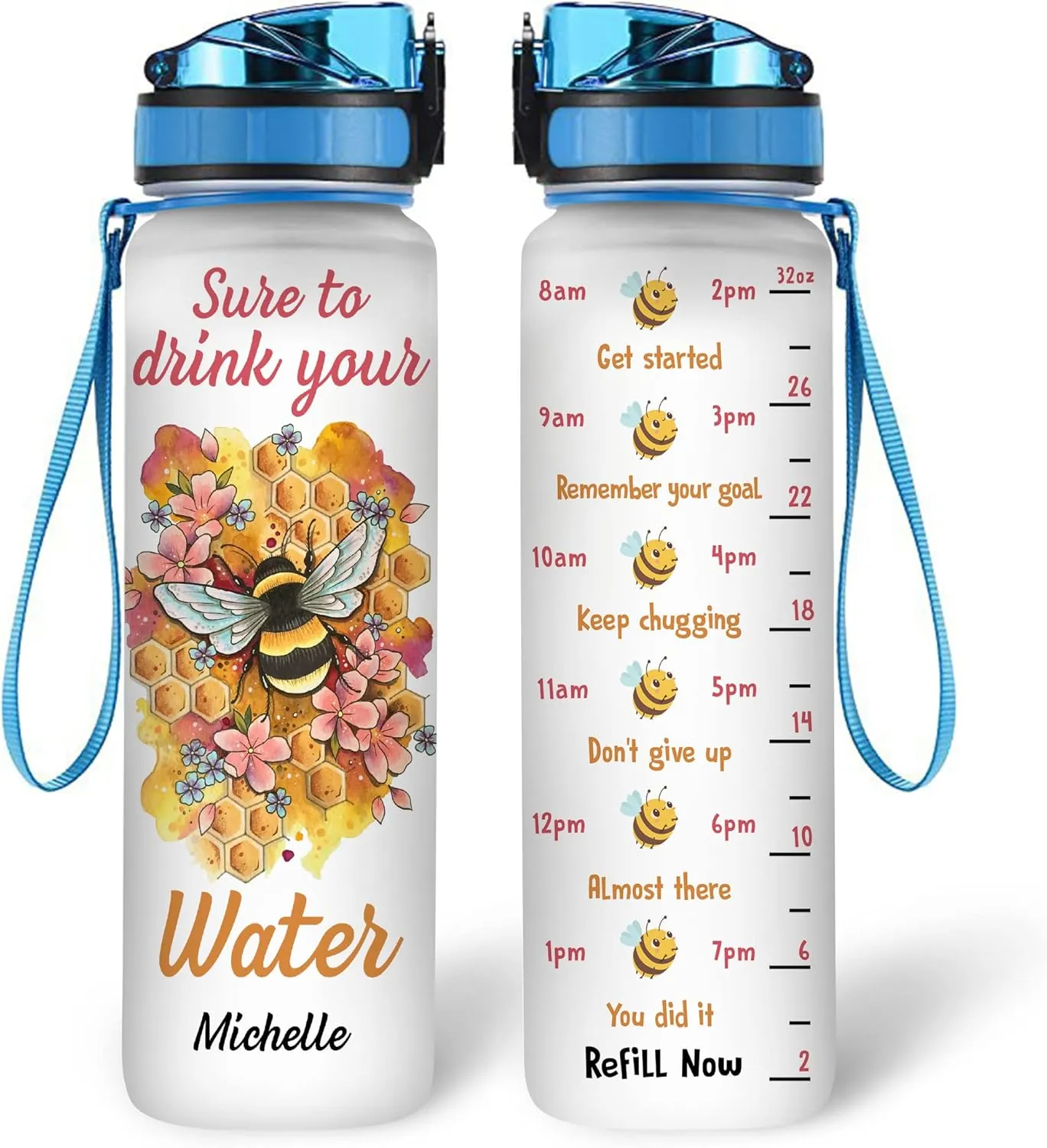 Hyturtle Personalized Bee Lovers 32 Oz 1Liter Motivational Water Bottle, Sure To Drink Your Water Customized Name Water Bottle With Time Marker, Animal Lovers Gifts For Women Girl On Birthday