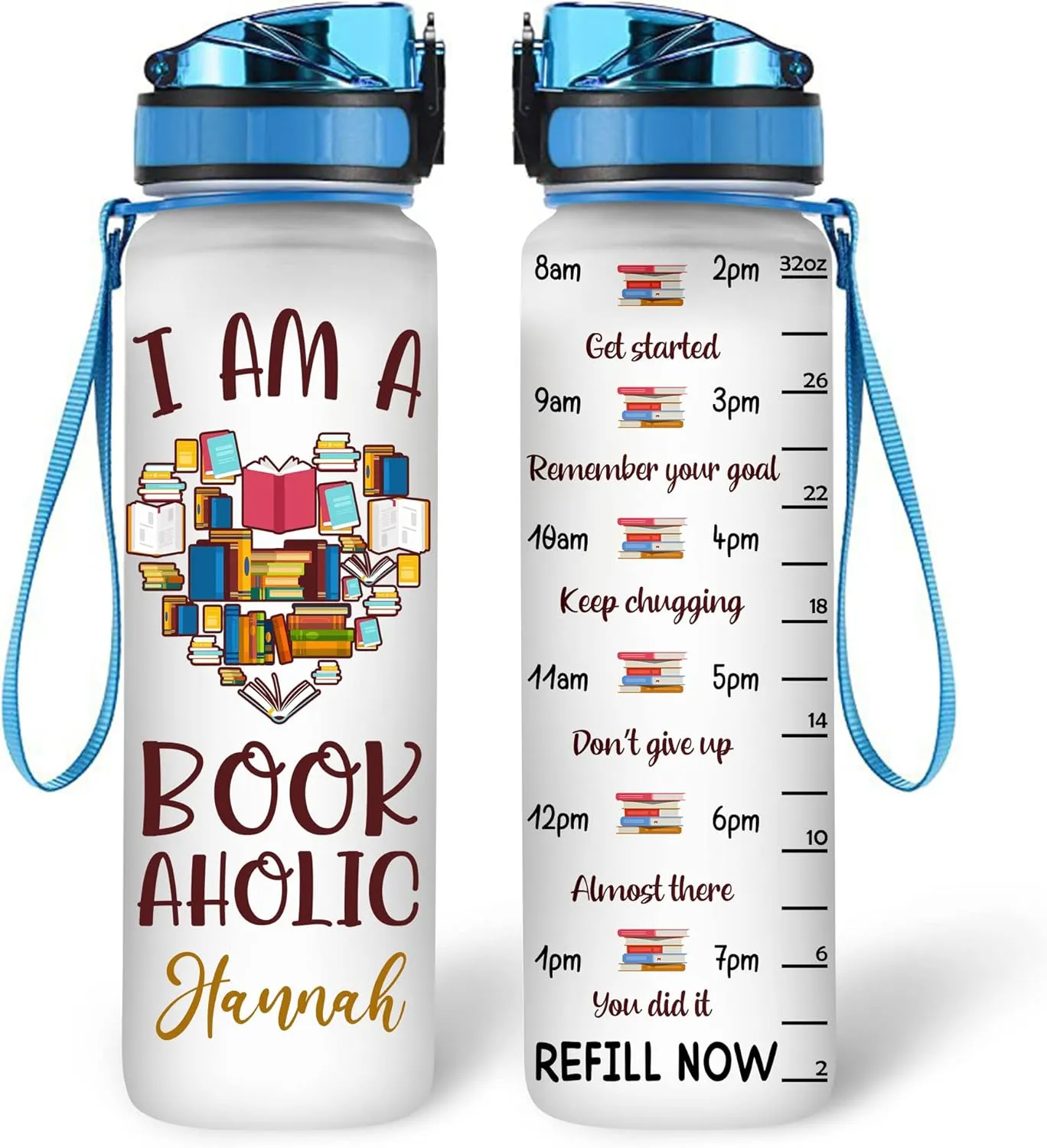 Hyturtle Personalized Book Lovers 32 Oz Liter Motivational Water Bottle, I Am A Bookhaholic Customized Water Bottle With Time Marker, Reading Lovers Gifts For Women Girl On Birthday, Mother Day's