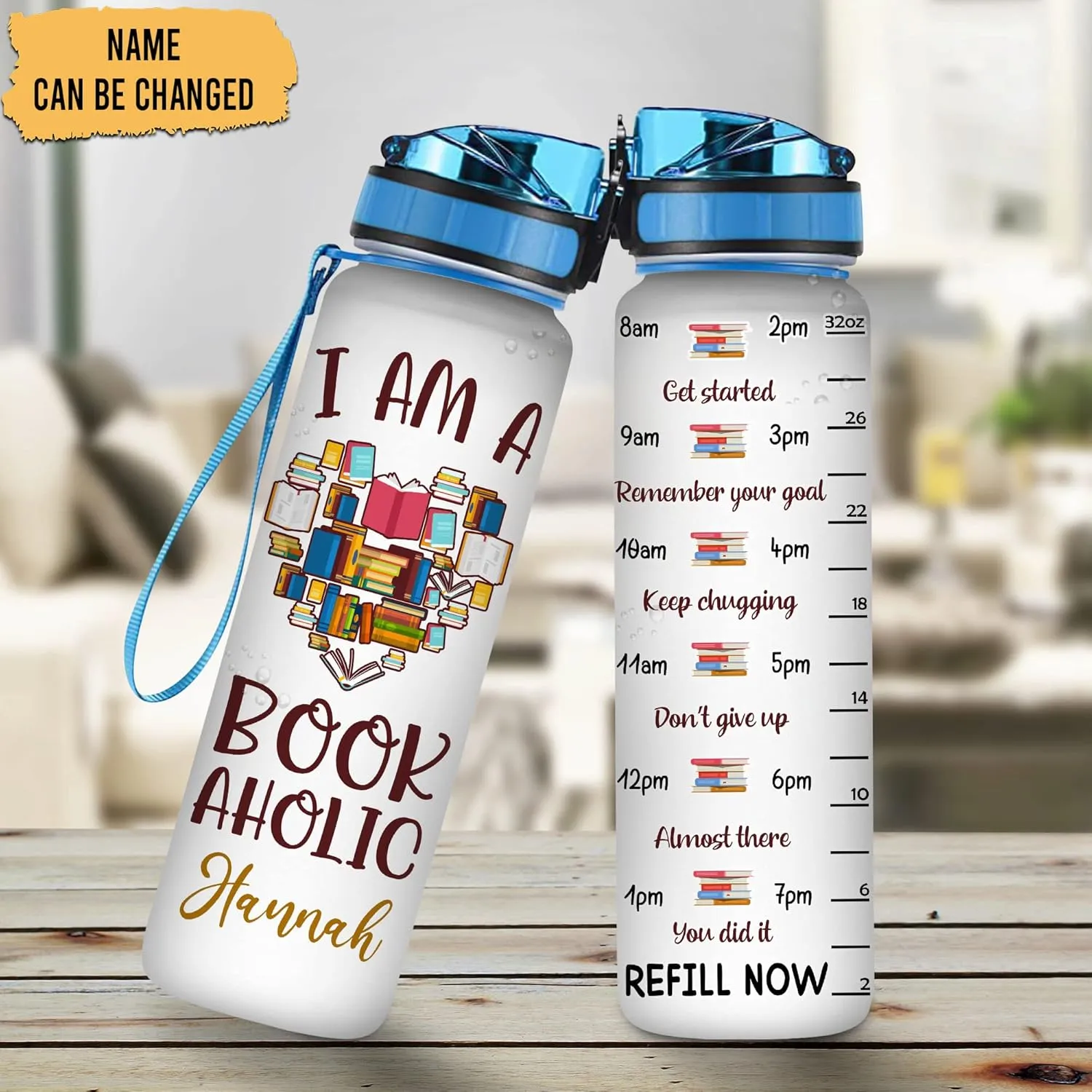 Hyturtle Personalized Book Lovers 32 Oz Liter Motivational Water Bottle, I Am A Bookhaholic Customized Water Bottle With Time Marker, Reading Lovers Gifts For Women Girl On Birthday, Mother Day's
