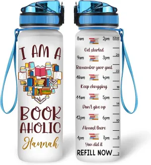 Hyturtle Personalized Book Lovers 32 Oz Liter Motivational Water Bottle, I Am A Bookhaholic Customized Water Bottle With Time Marker, Reading Lovers Gifts For Women Girl On Birthday, Mother Day's