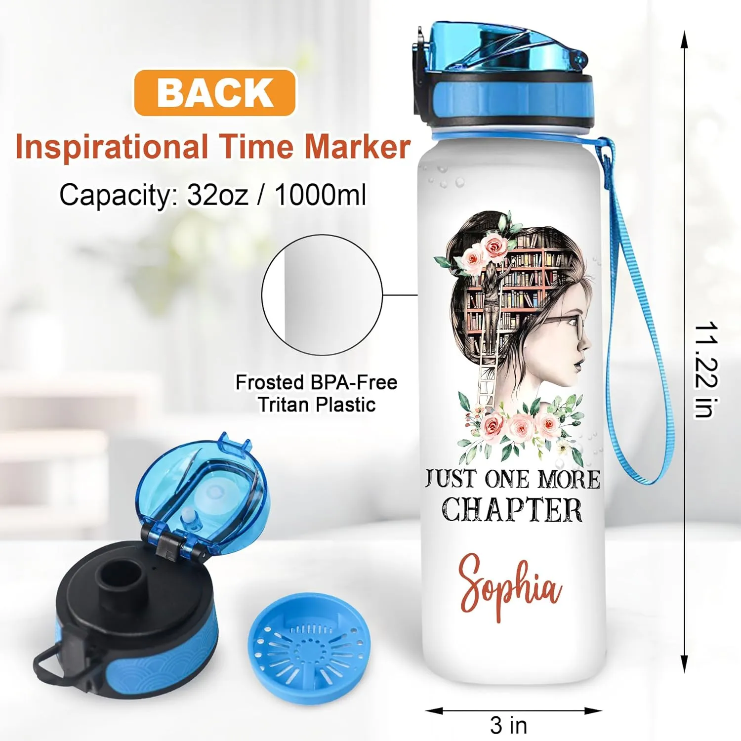 Hyturtle Personalized Book Lovers 32 Oz Liter Motivational Water Bottle, Just One More Chapter Customized Name Water Bottle With Time Marker, Reading Lovers Gifts For Women Girl On Birthday