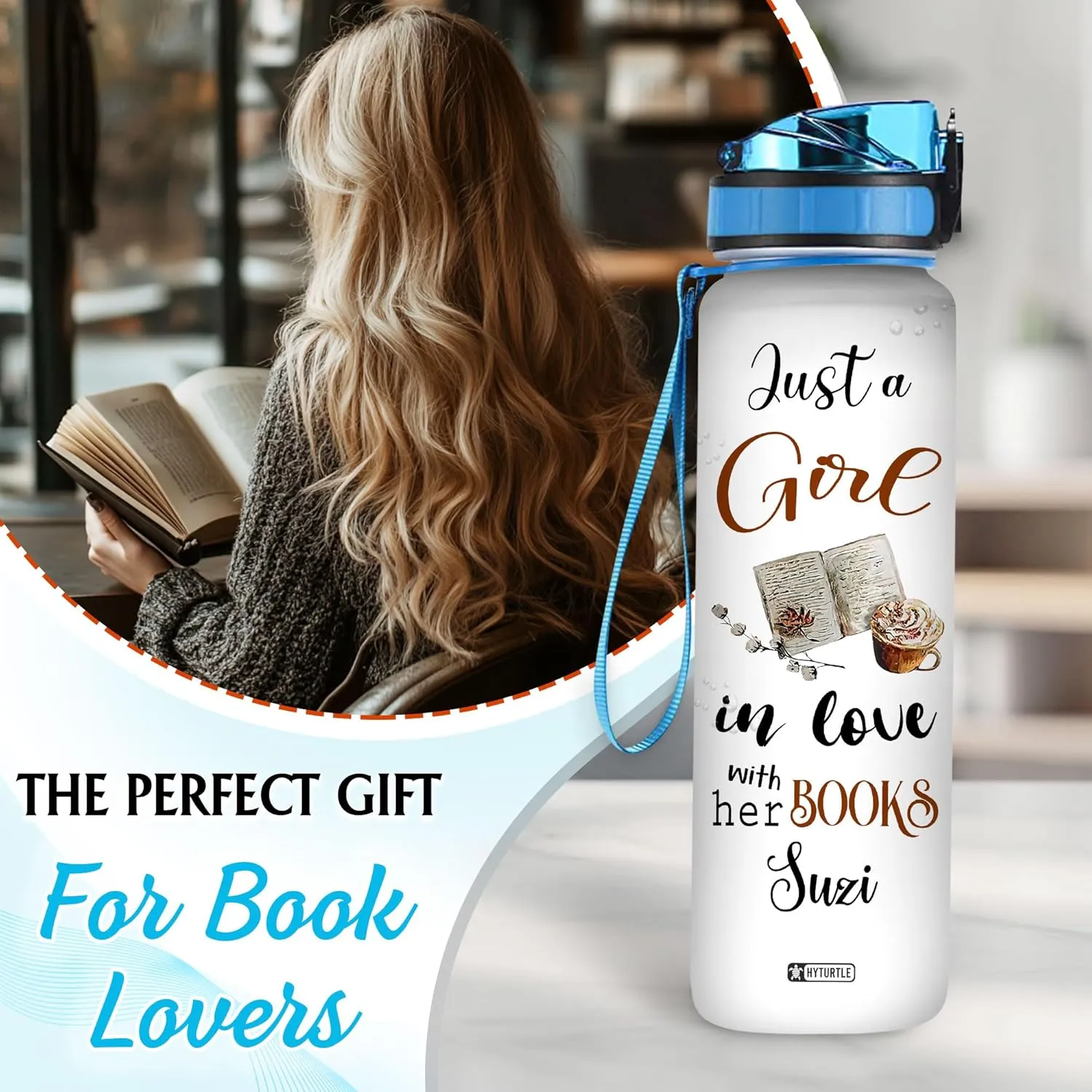 Hyturtle Personalized Book Water Bottle - 32oz Motivational Water Bottle with Leak-Proof Lid, Time Marker - Custom Name Gift for Book Lovers, Coffee Lovers, Reading Gifts On Birthday Christmas