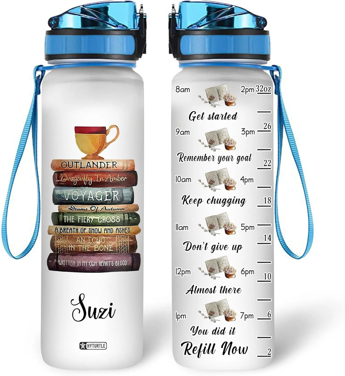 Hyturtle Personalized Book Water Bottle - 32oz Motivational Water Bottle with Leak-Proof Lid, Time Marker - Custom Name Gift for Book Lovers, Readers, Bibliophiles, Reading Gifts On Birthday Christmas