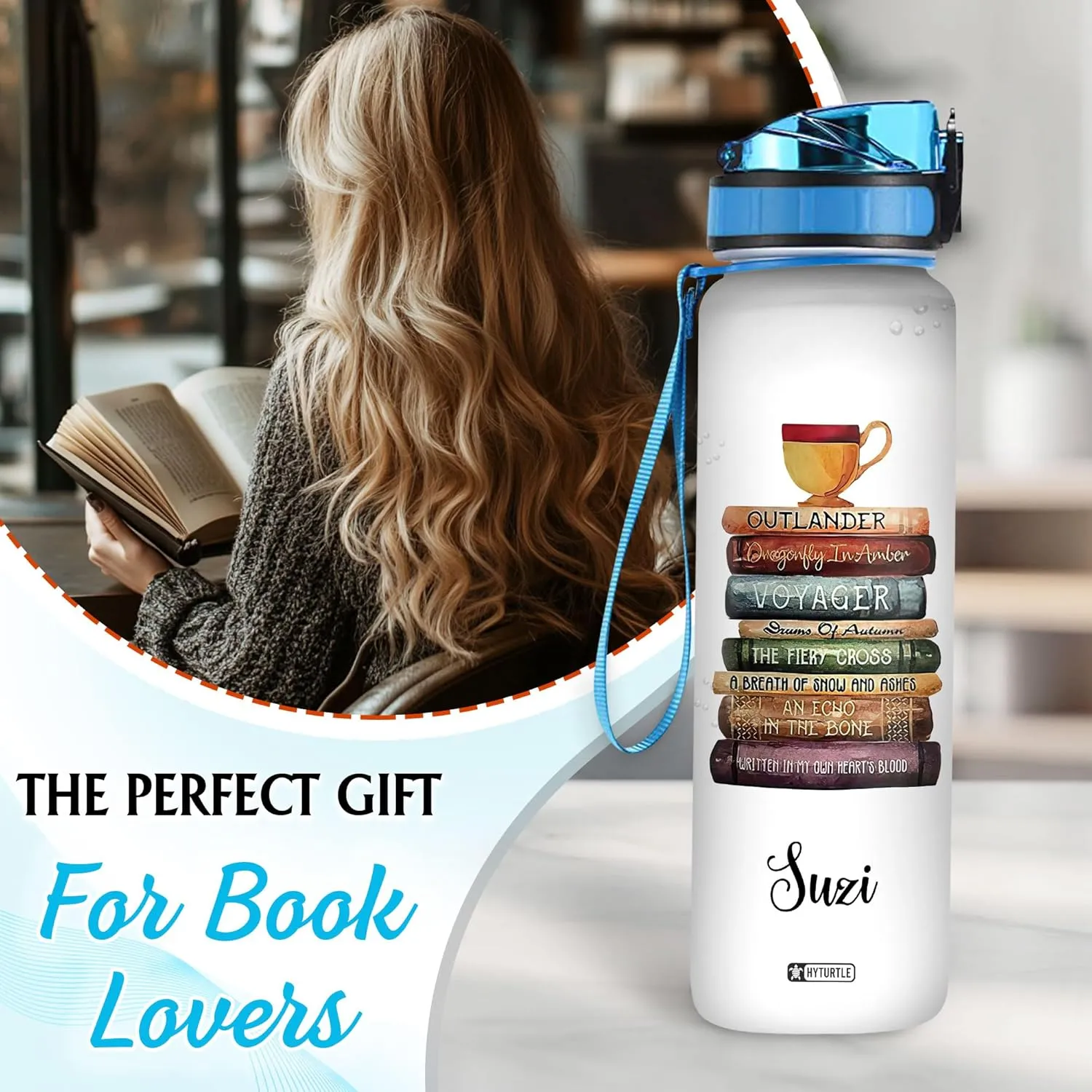 Hyturtle Personalized Book Water Bottle - 32oz Motivational Water Bottle with Leak-Proof Lid, Time Marker - Custom Name Gift for Book Lovers, Readers, Bibliophiles, Reading Gifts On Birthday Christmas