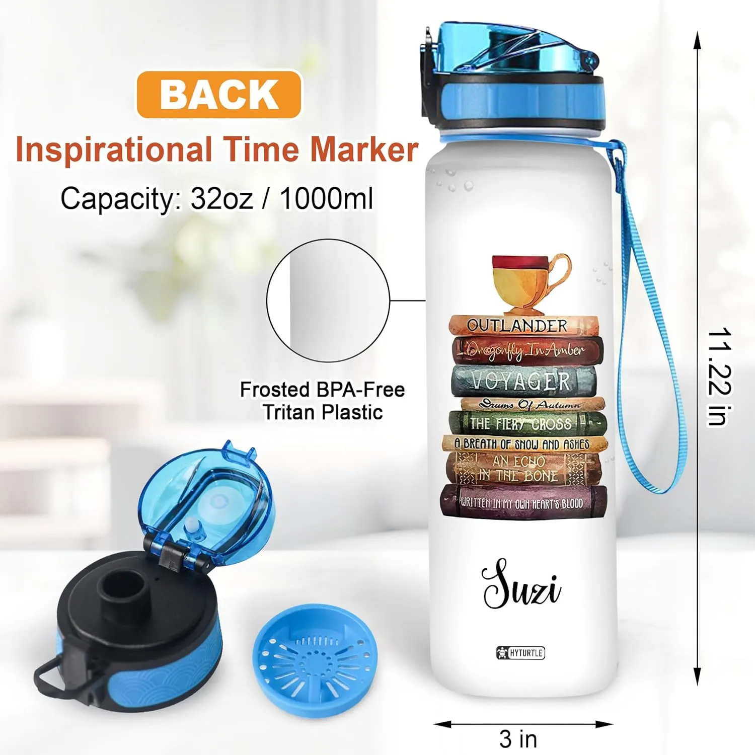 Hyturtle Personalized Book Water Bottle - 32oz Motivational Water Bottle with Leak-Proof Lid, Time Marker - Custom Name Gift for Book Lovers, Readers, Bibliophiles, Reading Gifts On Birthday Christmas