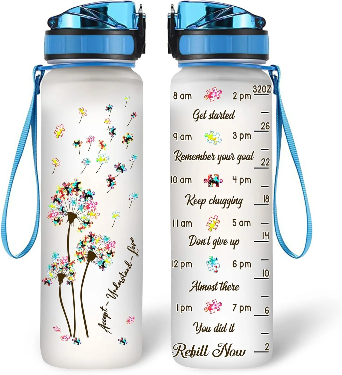 Hyturtle Personalized Bottle Accept Understand Love 32Oz Liter Motivational Water Bottle, Water Bottle With Time Marker Support Autism Awareness, Gifts For Women, Gifts For Kids On Birthday