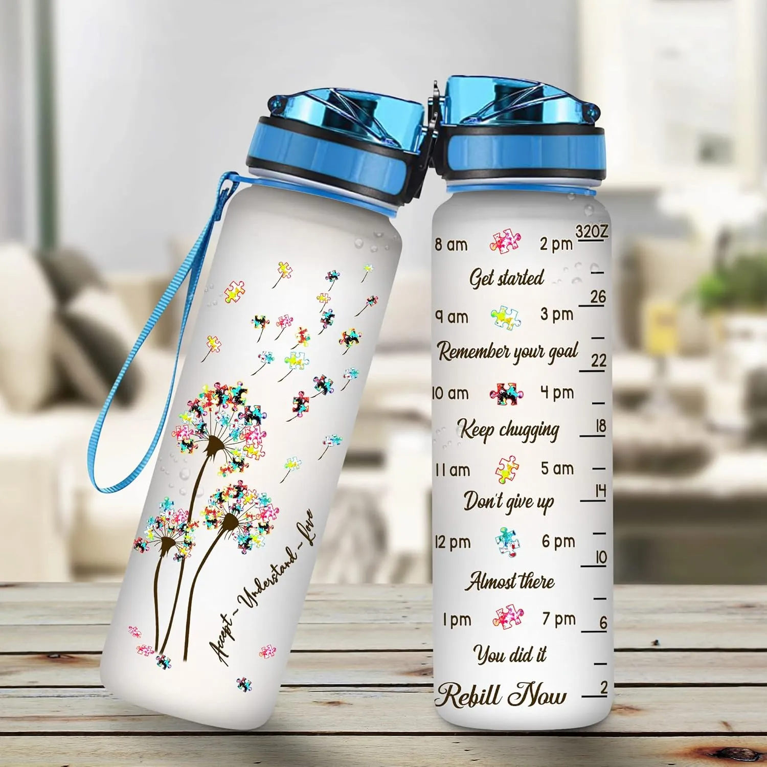 Hyturtle Personalized Bottle Accept Understand Love 32Oz Liter Motivational Water Bottle, Water Bottle With Time Marker Support Autism Awareness, Gifts For Women, Gifts For Kids On Birthday
