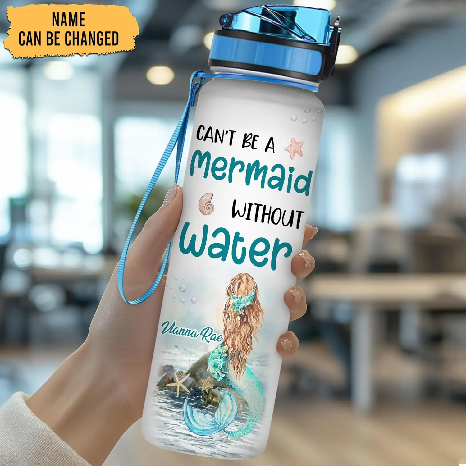 Hyturtle Personalized Can't Be A Mermaid Without Water 32oz Liter Motivational Water Bottle, Customized Name Tracking Water Bottle Gifts For Women, Girls, Mermaid Lovers On Birthday, Mother's Day
