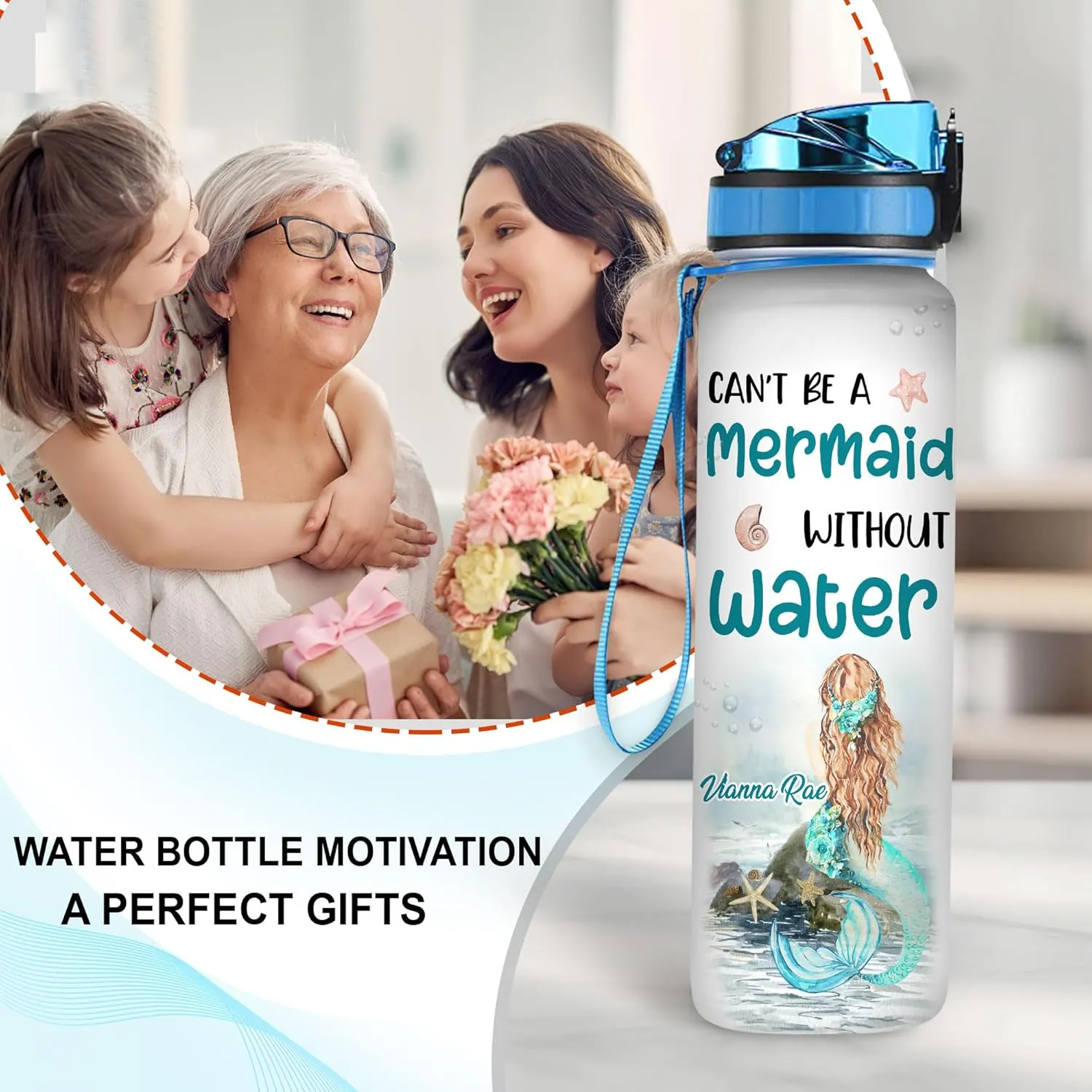 Hyturtle Personalized Can't Be A Mermaid Without Water 32oz Liter Motivational Water Bottle, Customized Name Tracking Water Bottle Gifts For Women, Girls, Mermaid Lovers On Birthday, Mother's Day