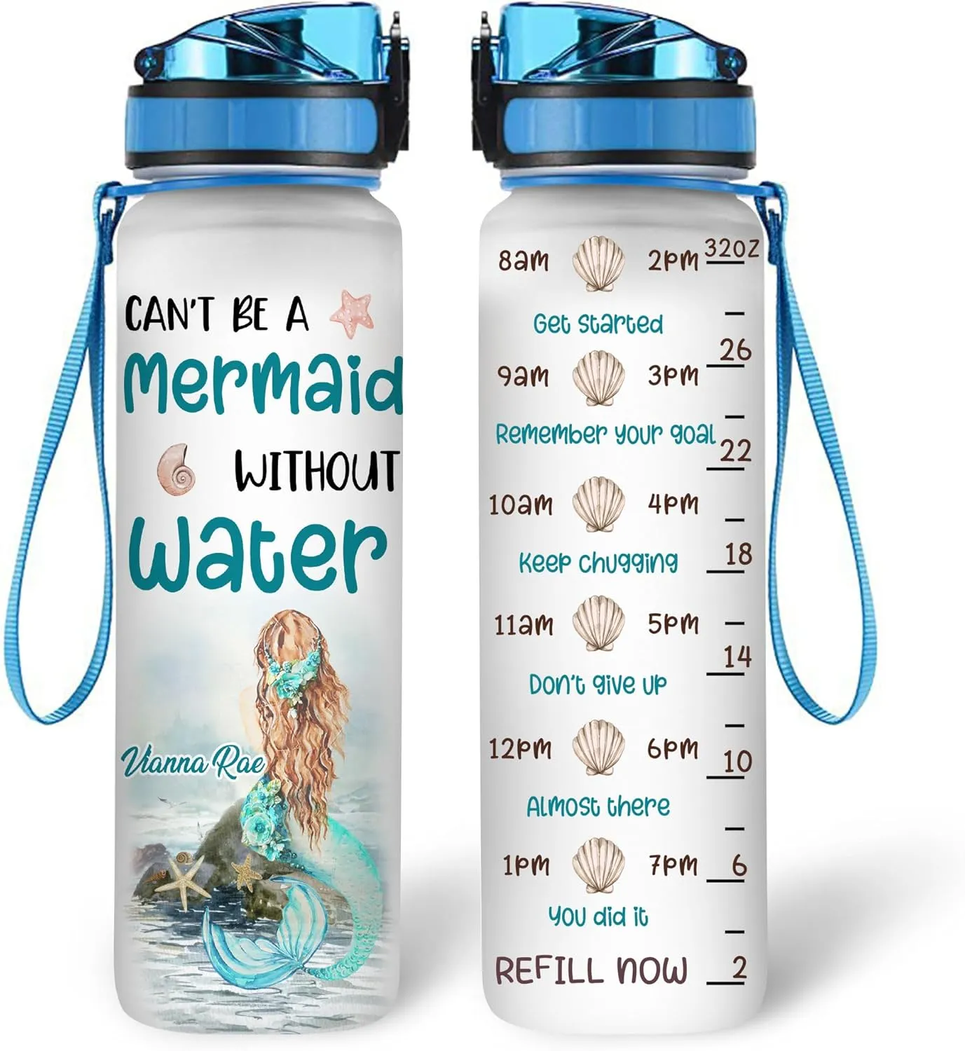 Hyturtle Personalized Can't Be A Mermaid Without Water 32oz Liter Motivational Water Bottle, Customized Name Tracking Water Bottle Gifts For Women, Girls, Mermaid Lovers On Birthday, Mother's Day