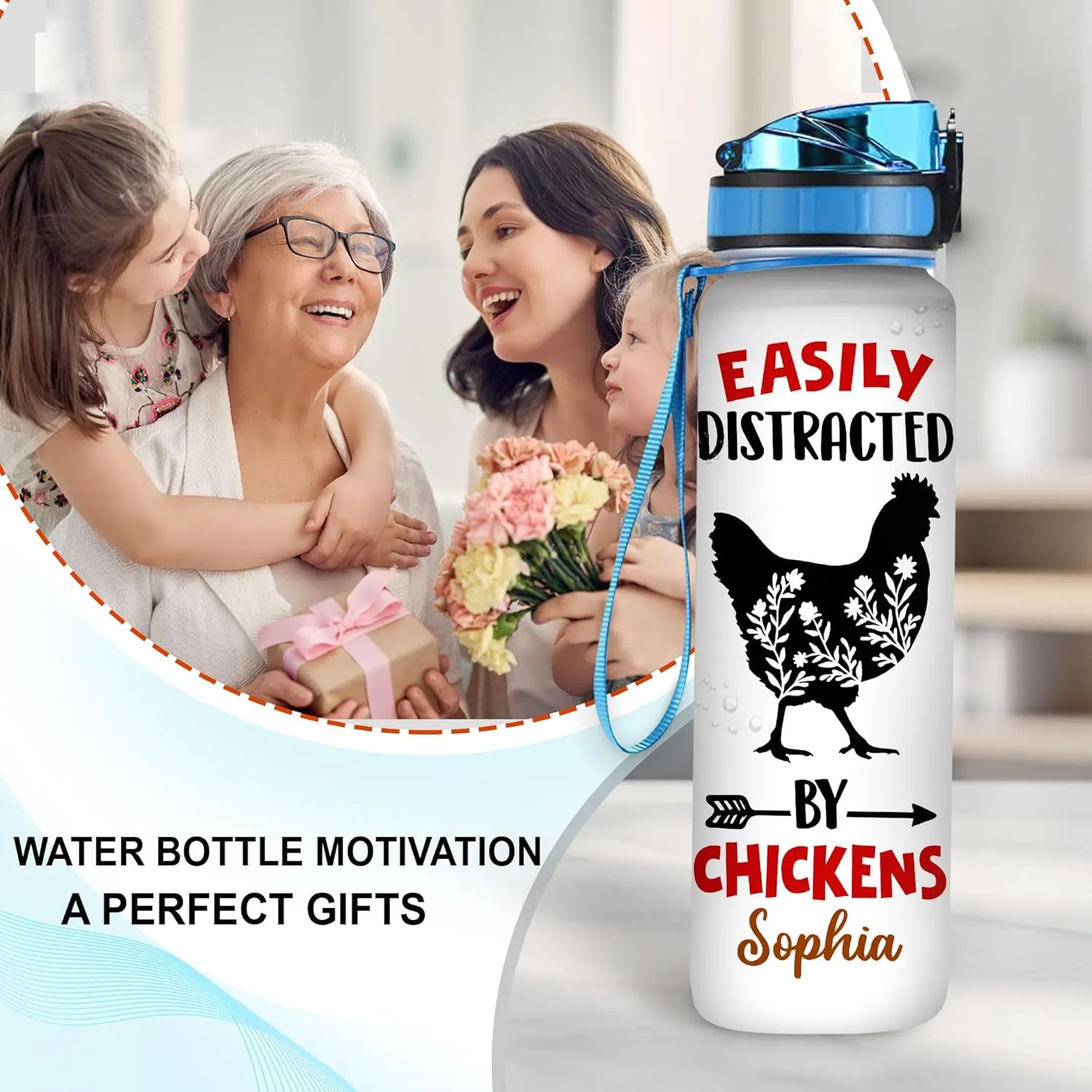 Hyturtle Personalized Chicken Gift For Women - Easily Distracted By Chickens Customized Name 32oz 1Liter Motivational Water Bottle, Animal Farm lovers Gift For Mom Girl Women On Christmas, Birthday