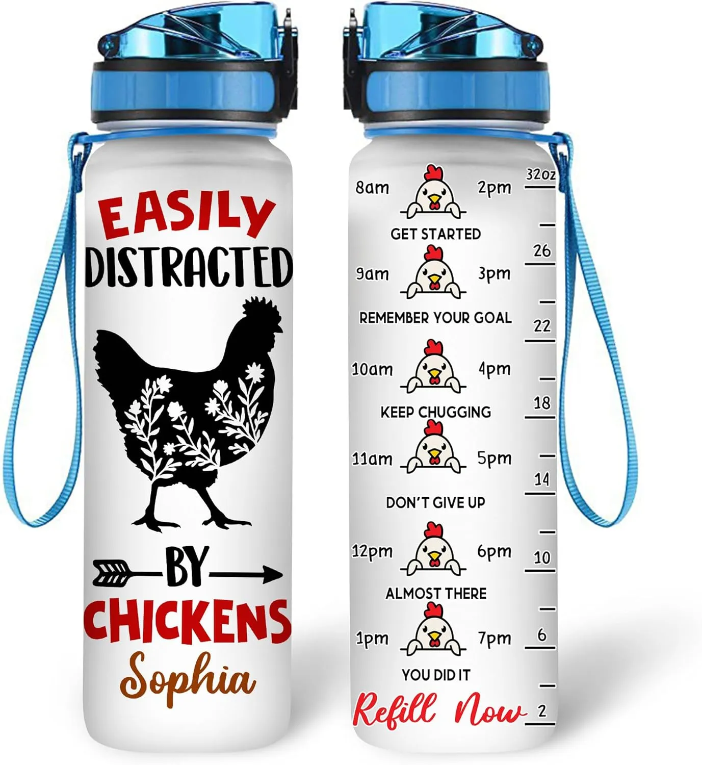 Hyturtle Personalized Chicken Gift For Women - Easily Distracted By Chickens Customized Name 32oz 1Liter Motivational Water Bottle, Animal Farm lovers Gift For Mom Girl Women On Christmas, Birthday