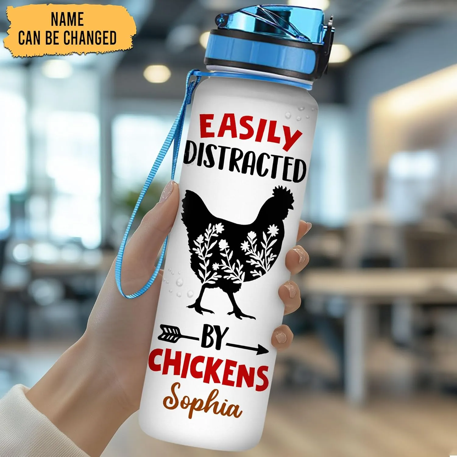 Hyturtle Personalized Chicken Gift For Women - Easily Distracted By Chickens Customized Name 32oz 1Liter Motivational Water Bottle, Animal Farm lovers Gift For Mom Girl Women On Christmas, Birthday
