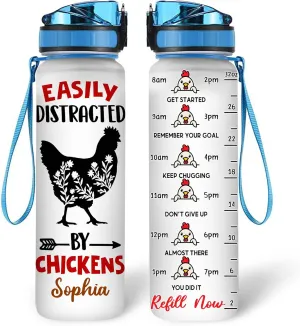 Hyturtle Personalized Chicken Gift For Women - Easily Distracted By Chickens Customized Name 32oz 1Liter Motivational Water Bottle, Animal Farm lovers Gift For Mom Girl Women On Christmas, Birthday