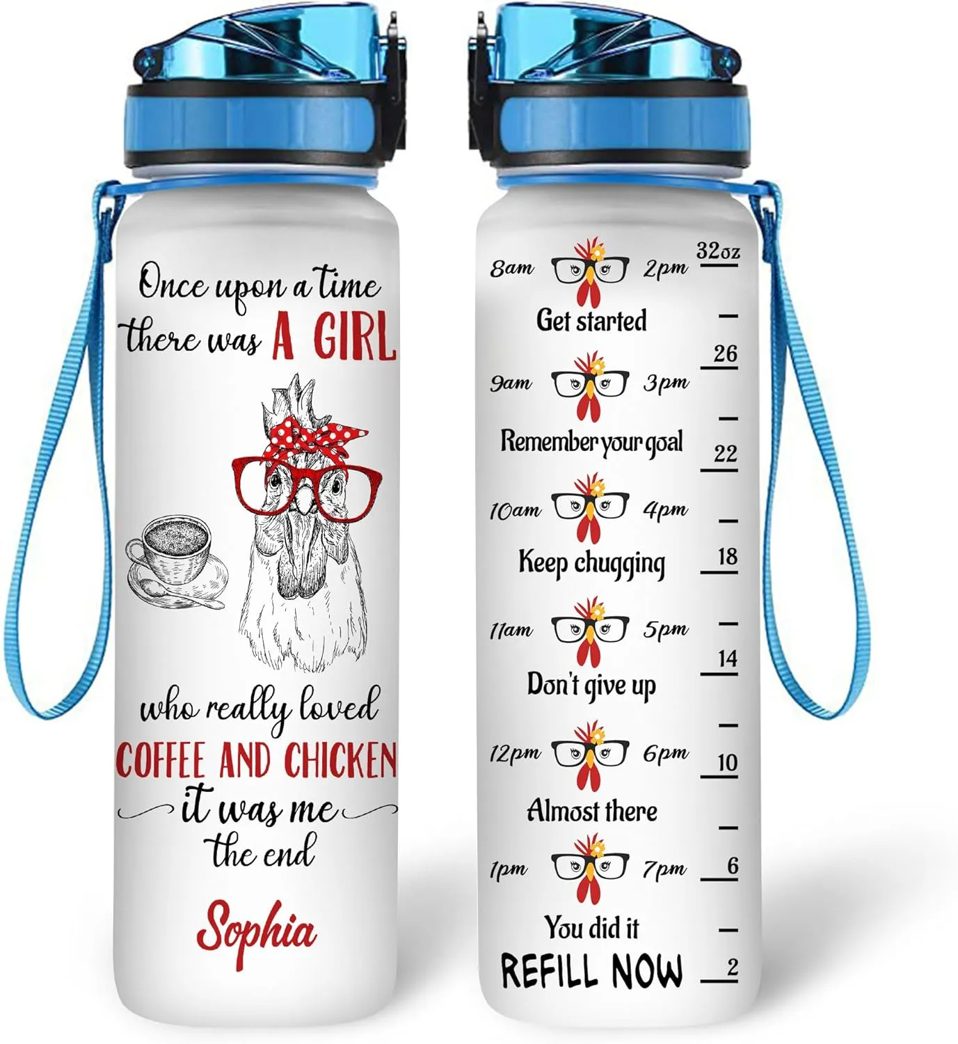 Hyturtle Personalized Chicken Gift For Women - Girl Love Chicken And Coffee Customized Name 32oz 1Liter Motivational Water Bottle, Animal Farm lovers Gift For Mom Girl Women On Christmas, Birthday