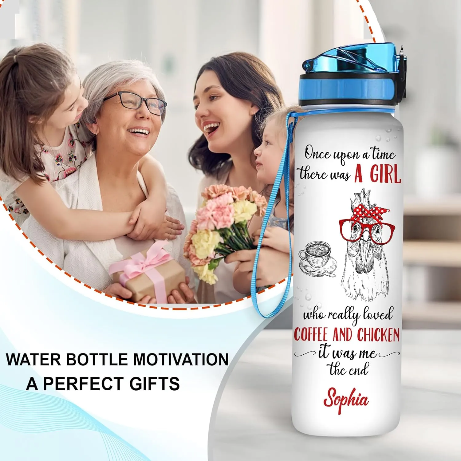 Hyturtle Personalized Chicken Gift For Women - Girl Love Chicken And Coffee Customized Name 32oz 1Liter Motivational Water Bottle, Animal Farm lovers Gift For Mom Girl Women On Christmas, Birthday