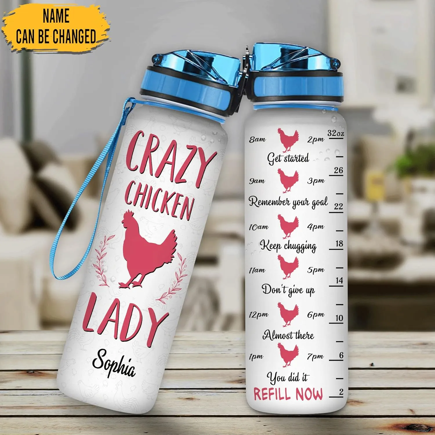 Hyturtle Personalized Chicken Lovers Gift For Women - Crazy Chicken Lady Customized Name 32oz 1Liter Motivational Water Bottle, Animal Farm lovers, Gift For Mom Girl Women On Christmas, Birthday