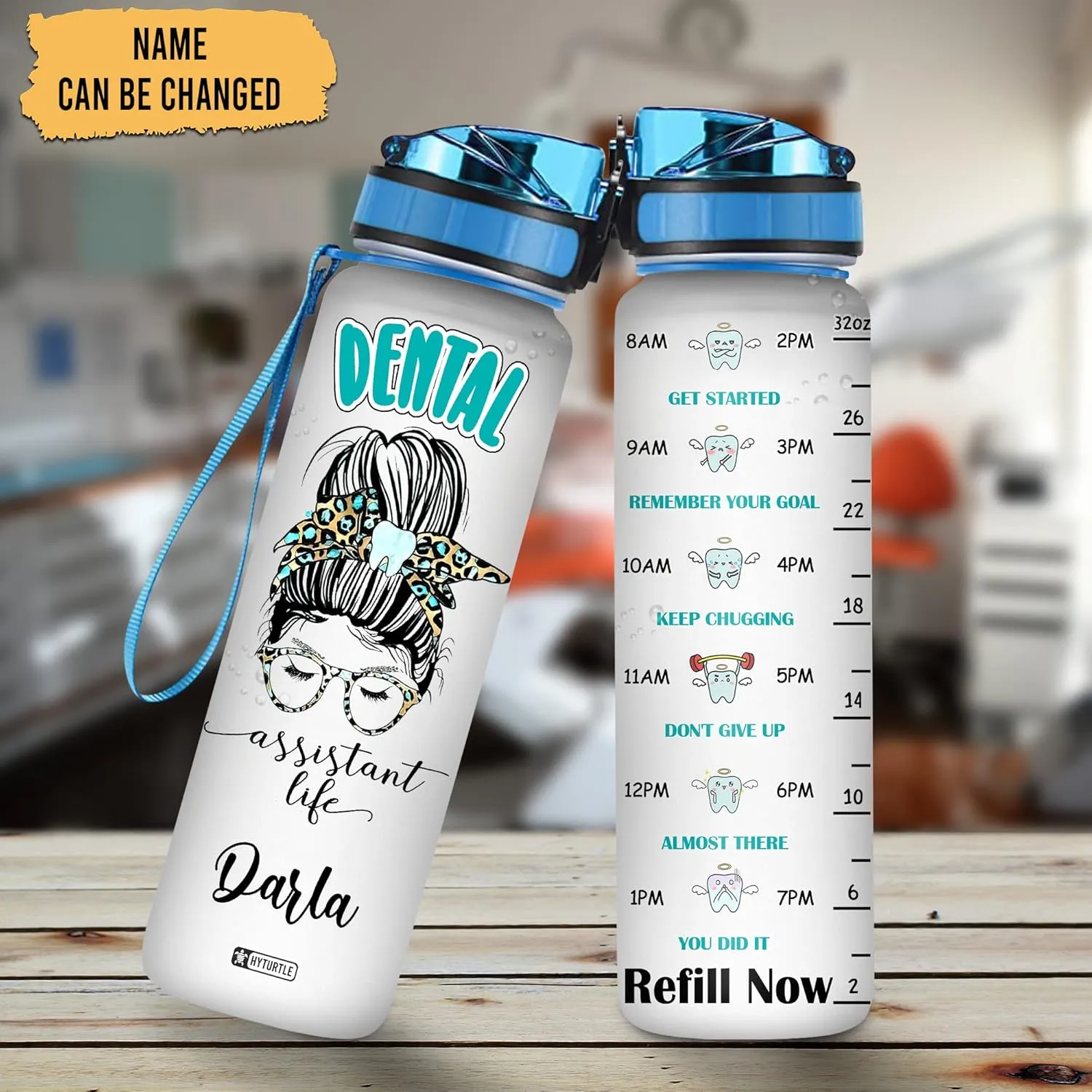 Hyturtle Personalized Dental Water Bottle - 32oz Motivational Water Bottle with Leak-Proof Lid Time Marker - Custom Name Gift for Dentists, Dental Hygienists On Birthday Christmas