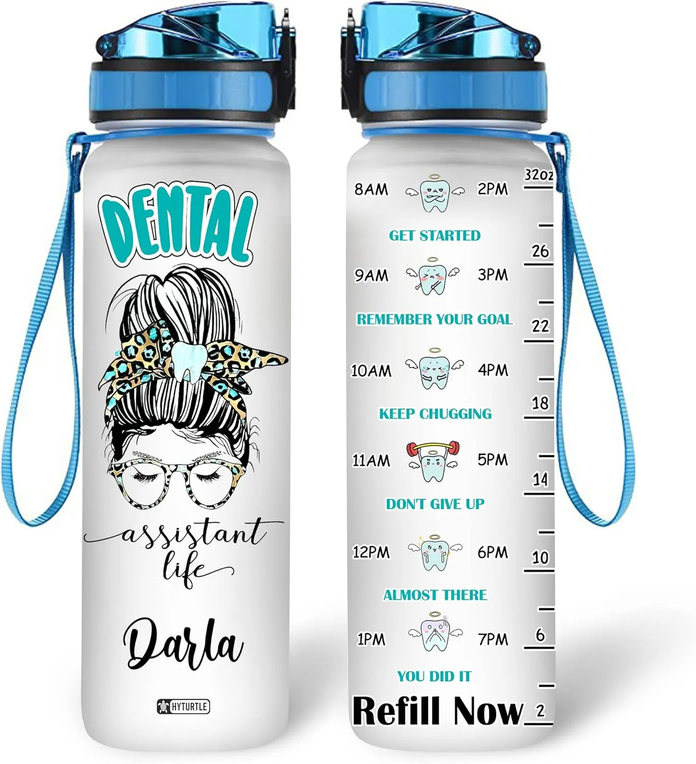 Hyturtle Personalized Dental Water Bottle - 32oz Motivational Water Bottle with Leak-Proof Lid Time Marker - Custom Name Gift for Dentists, Dental Hygienists On Birthday Christmas