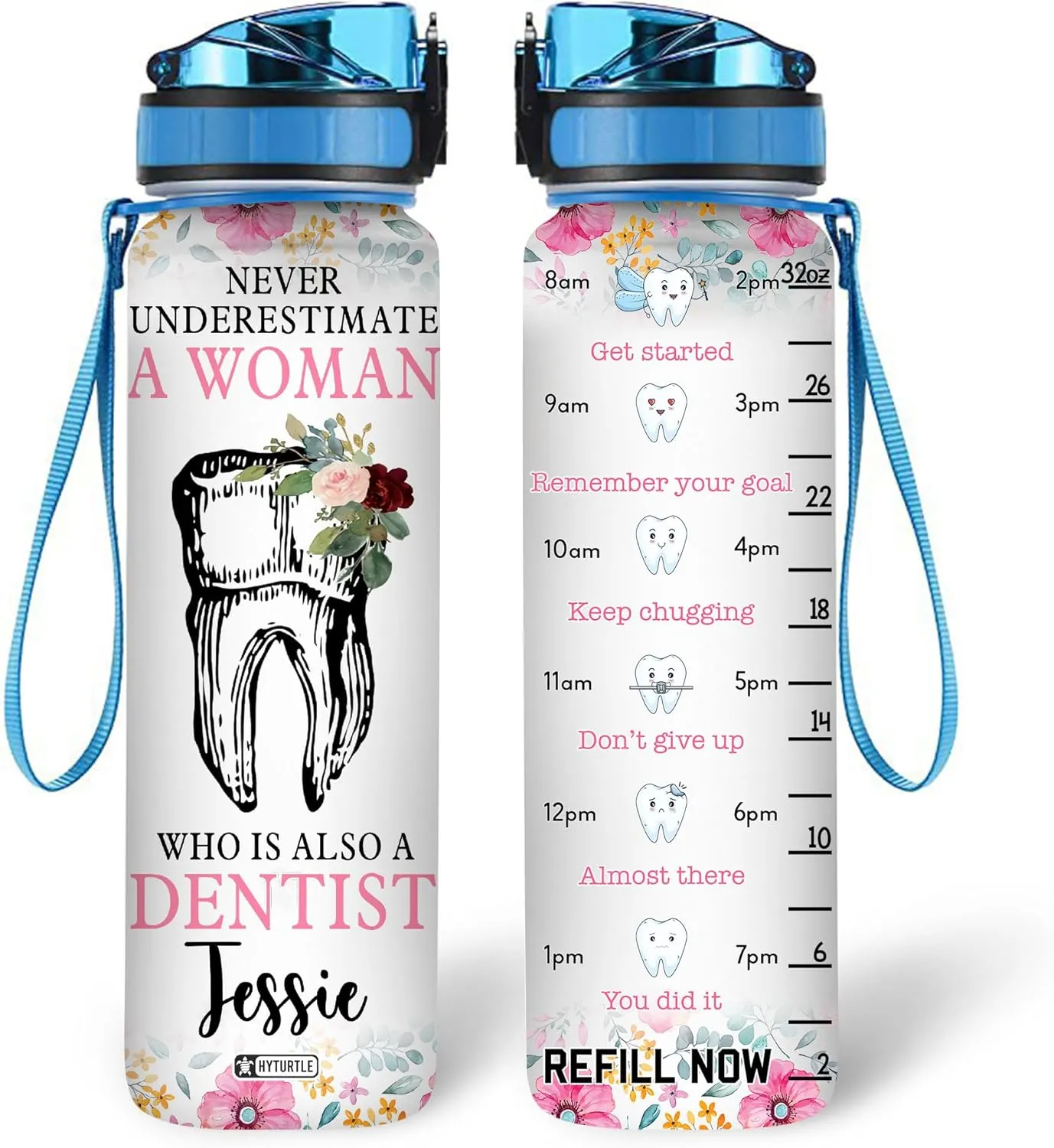 Hyturtle Personalized Dental Water Bottle - 32oz Motivational Water Bottle with Leak-Proof Lid Time Marker - Custom Name Gift for Women, Dentist, Dental Hygienists On Birthday Christmas