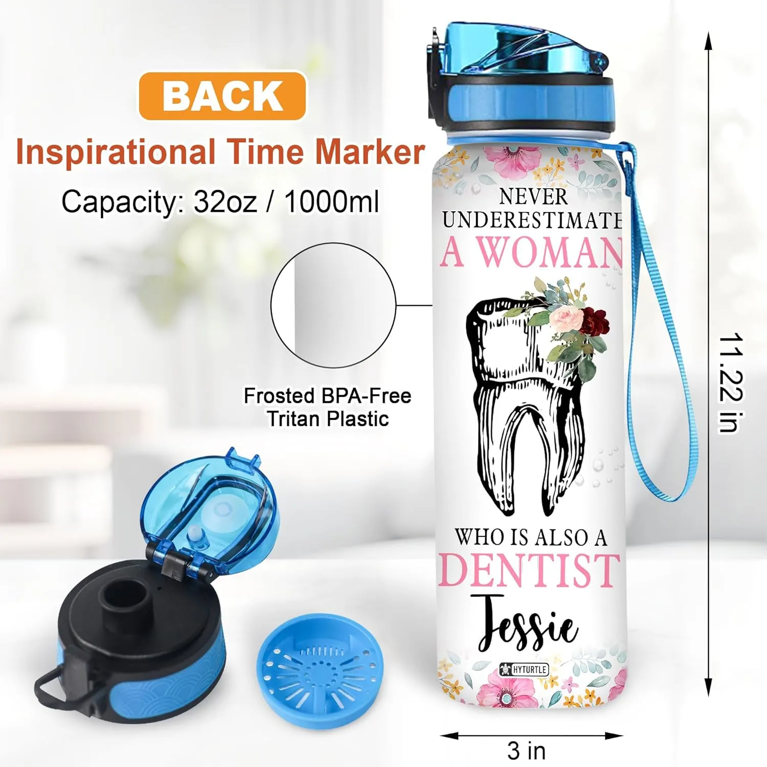 Hyturtle Personalized Dental Water Bottle - 32oz Motivational Water Bottle with Leak-Proof Lid Time Marker - Custom Name Gift for Women, Dentist, Dental Hygienists On Birthday Christmas