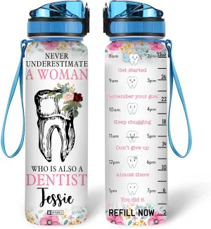 Hyturtle Personalized Dental Water Bottle - 32oz Motivational Water Bottle with Leak-Proof Lid Time Marker - Custom Name Gift for Women, Dentist, Dental Hygienists On Birthday Christmas