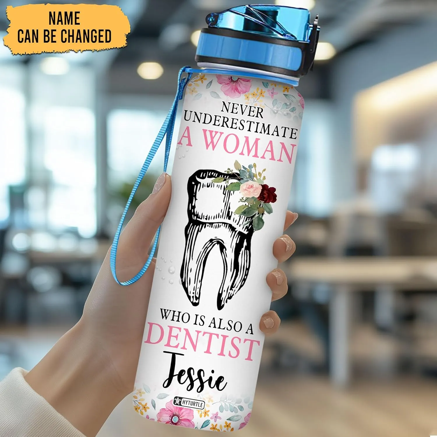 Hyturtle Personalized Dental Water Bottle - 32oz Motivational Water Bottle with Leak-Proof Lid Time Marker - Custom Name Gift for Women, Dentist, Dental Hygienists On Birthday Christmas