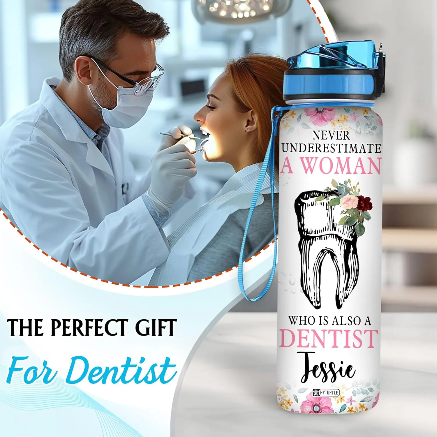 Hyturtle Personalized Dental Water Bottle - 32oz Motivational Water Bottle with Leak-Proof Lid Time Marker - Custom Name Gift for Women, Dentist, Dental Hygienists On Birthday Christmas