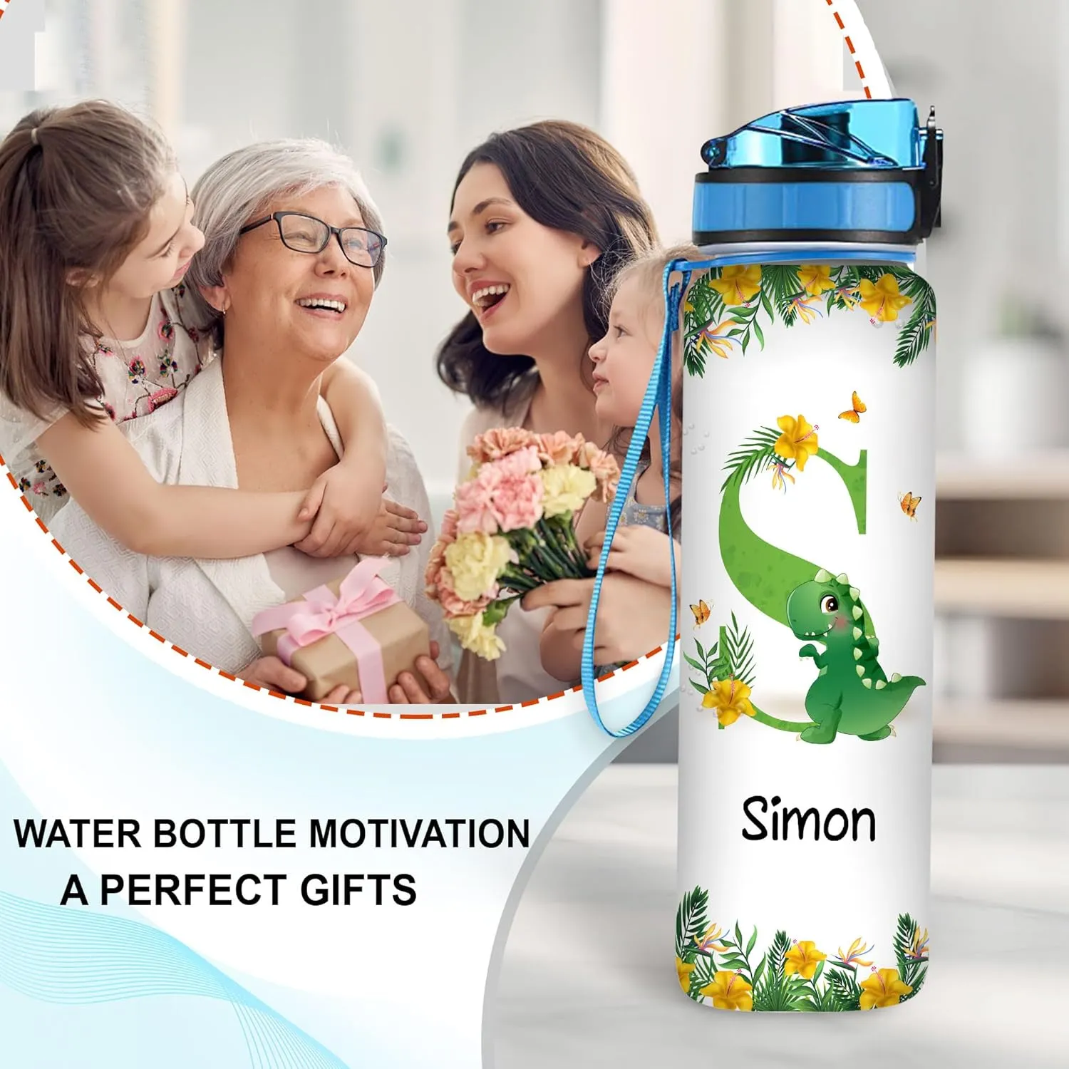 Hyturtle Personalized Dinosaur Lovers 32 Oz 1Liter Motivational Water Bottle, Dinosaur Customized Name Water Bottle With Time Marker, Dino Bottle Gifts For Women Girl Kid On Birthday, Christmas
