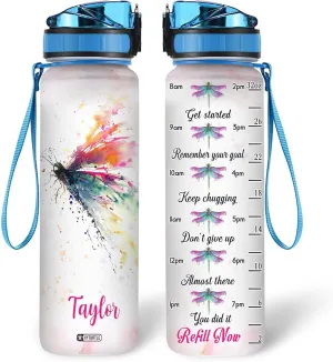 Hyturtle Personalized Dragonfly Water Bottle - 32oz Motivational Water Bottle with Leak-Proof Lid, Time Marker - Custom Name Gift With Initial For Women, Dragonfly Lovers On Birthday Christmas