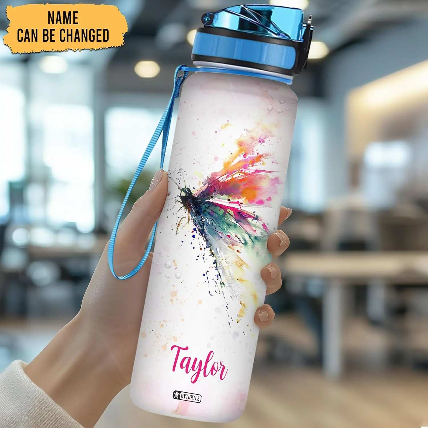 Hyturtle Personalized Dragonfly Water Bottle - 32oz Motivational Water Bottle with Leak-Proof Lid, Time Marker - Custom Name Gift With Initial For Women, Dragonfly Lovers On Birthday Christmas