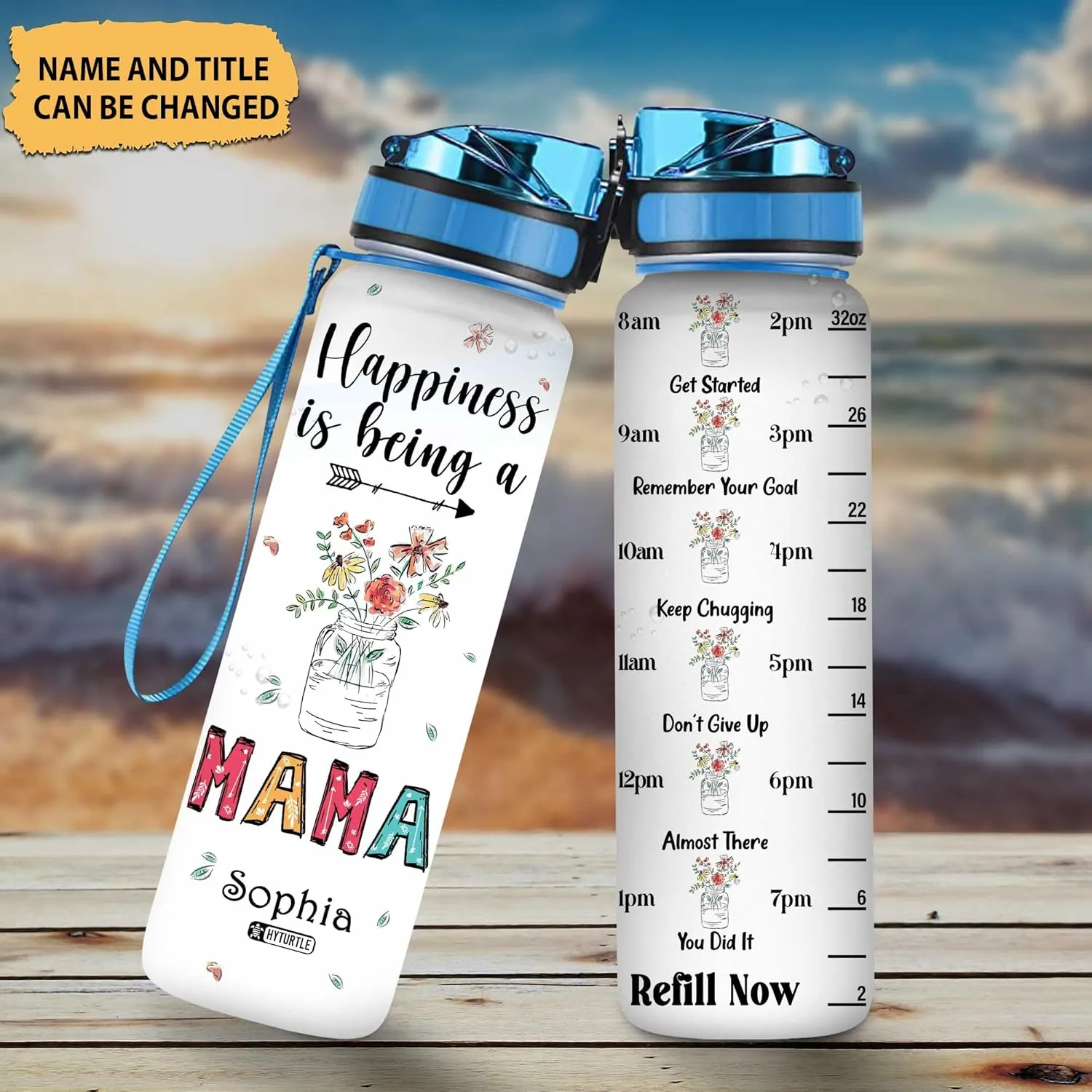 Hyturtle Personalized Happiness Is Being A Mama 32Oz Liter Motivational Water Bottle, Customized Name With Time Marker, Gifts For Women Mom Family On Birthday Mother's Day Anniversary