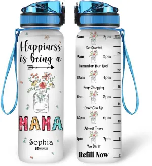 Hyturtle Personalized Happiness Is Being A Mama 32Oz Liter Motivational Water Bottle, Customized Name With Time Marker, Gifts For Women Mom Family On Birthday Mother's Day Anniversary