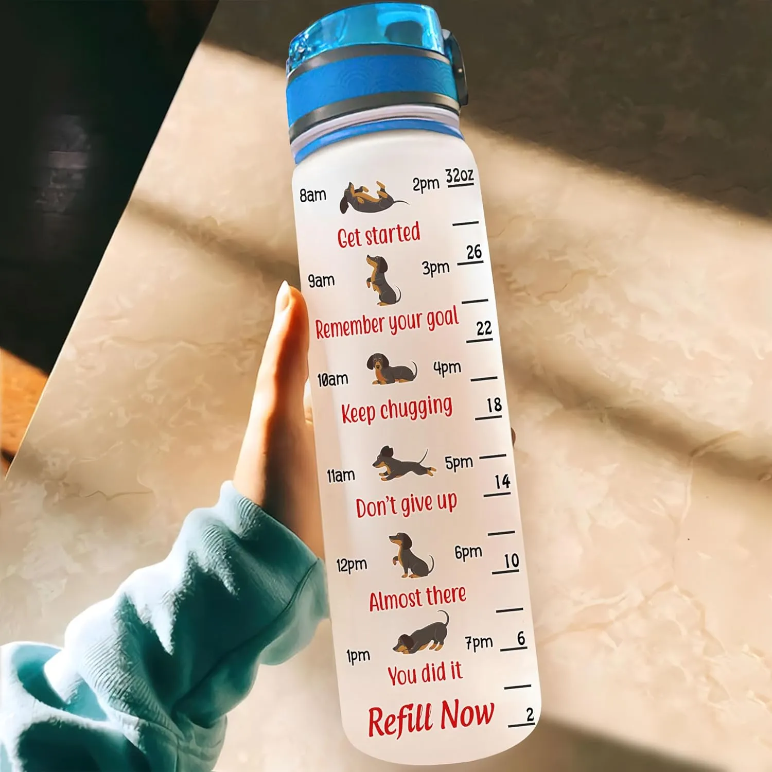 Hyturtle Personalized Happy Pills Dachshund 32Oz Liter Motivational Water Bottle, Customized Name With Time Marker, Gifts For Women Men Dog Lovers Dachshund Lovers On Birthday Mother's Day