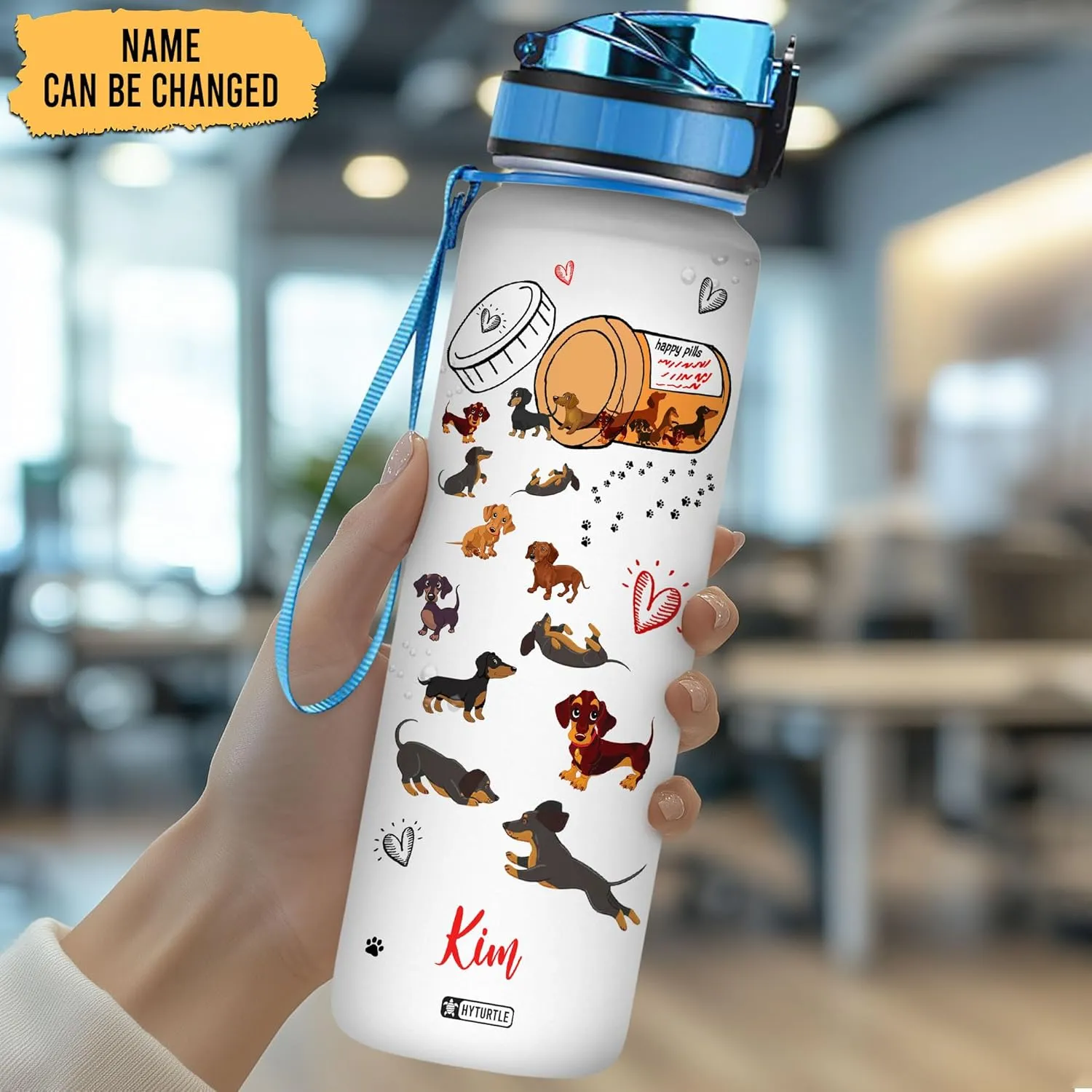 Hyturtle Personalized Happy Pills Dachshund 32Oz Liter Motivational Water Bottle, Customized Name With Time Marker, Gifts For Women Men Dog Lovers Dachshund Lovers On Birthday Mother's Day