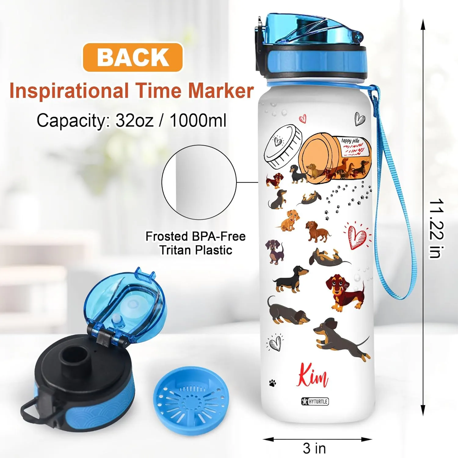 Hyturtle Personalized Happy Pills Dachshund 32Oz Liter Motivational Water Bottle, Customized Name With Time Marker, Gifts For Women Men Dog Lovers Dachshund Lovers On Birthday Mother's Day